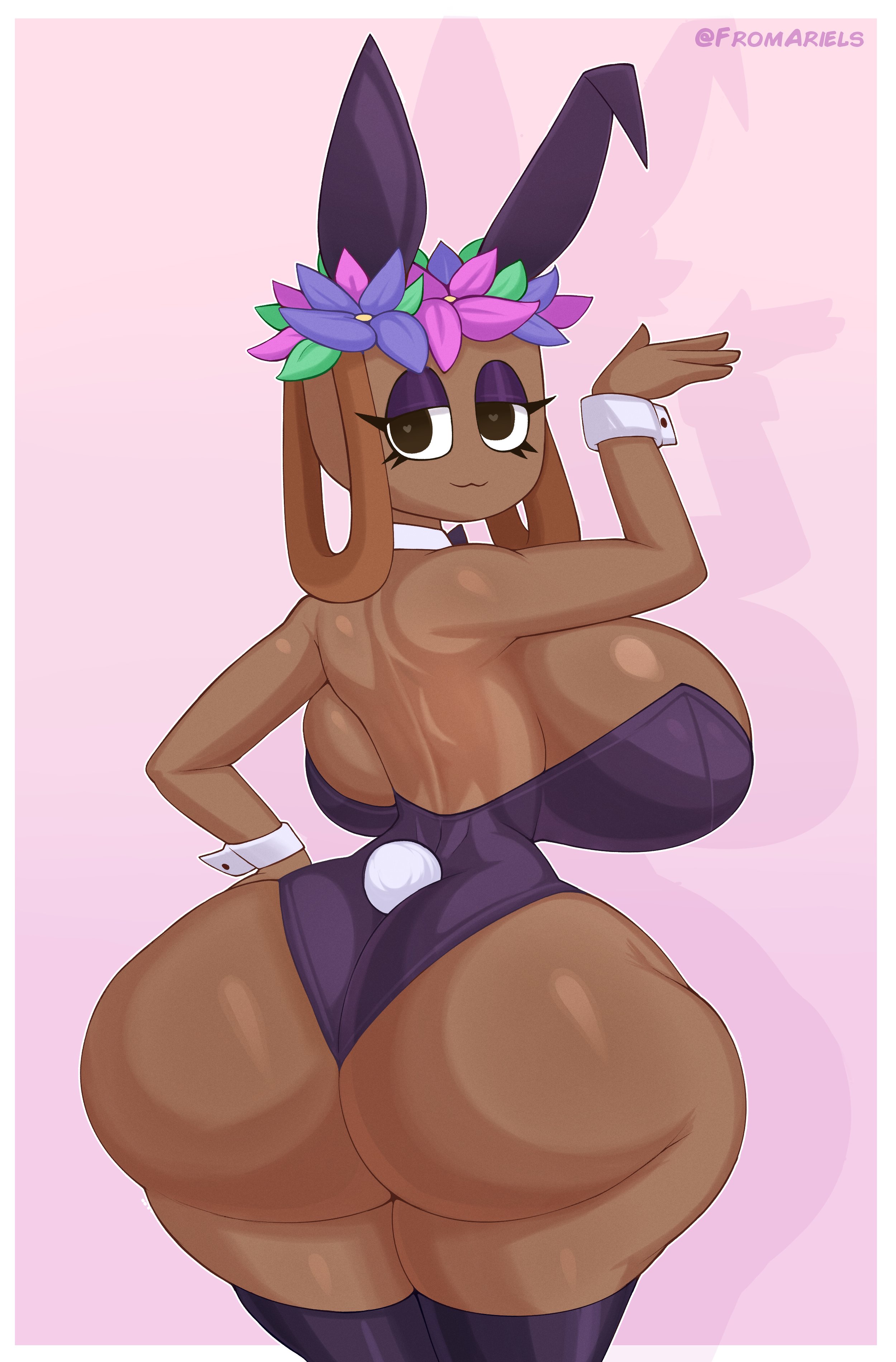 bassie (dandy's world), bubble ass, bubble butt, bunny ears, bunnysuit, dandy's world, flowers on head, fromariels, heart-shaped pupils, hyper ass, hyper breasts, hyper butt, imminent sex, in love, looking back at viewer, sexy, sexy body, sexy clothing, sexy pose, uwu face