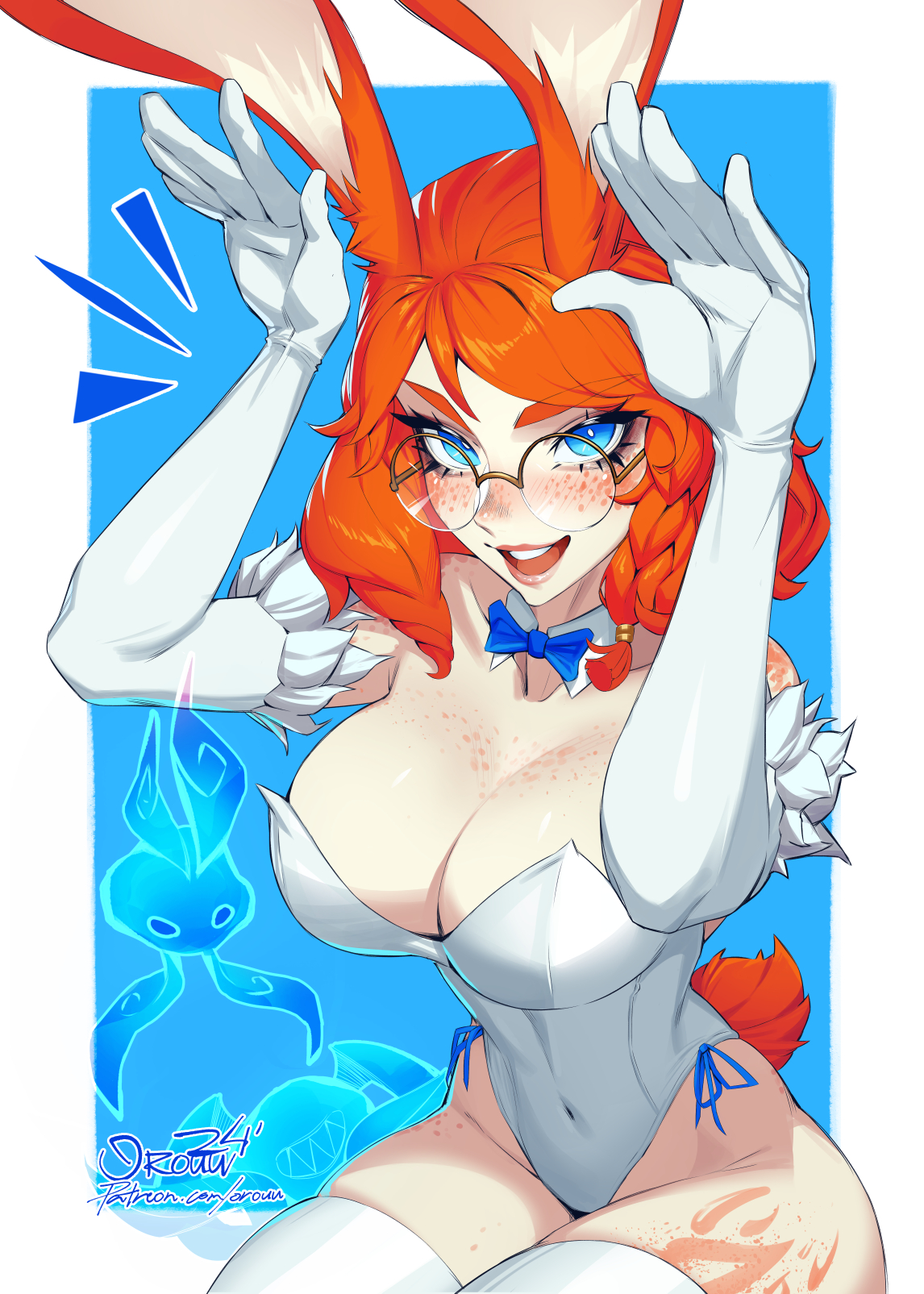 1girls, absurd res, aurora (league of legends), big breasts, blush, blushing at viewer, breasts, bunny ears, bunny girl, female, female focus, female only, hi res, highres, hourglass figure, huge breasts, large breasts, league of legends, light skin, light-skinned female, looking at viewer, medium hair, orouu, riot games, slim waist, solo, solo female, solo focus, thick thighs, thighhighs, thighs, vastaya, wide hips