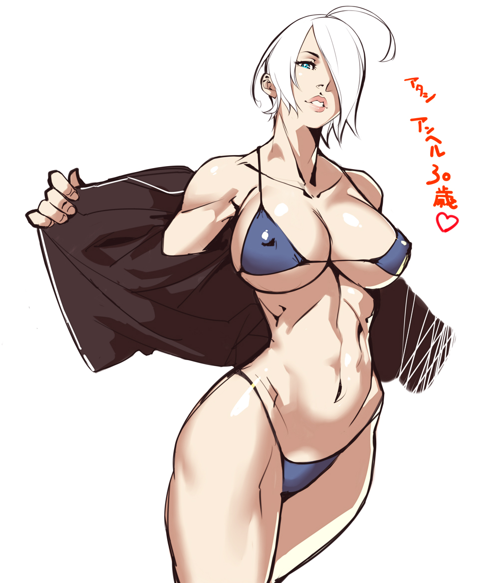 angel (kof), bikini, breasts, cleavage, female, king of fighters, large breasts, navel, short hair, snk, standing, tomoyuki kotani, underboob, white hair