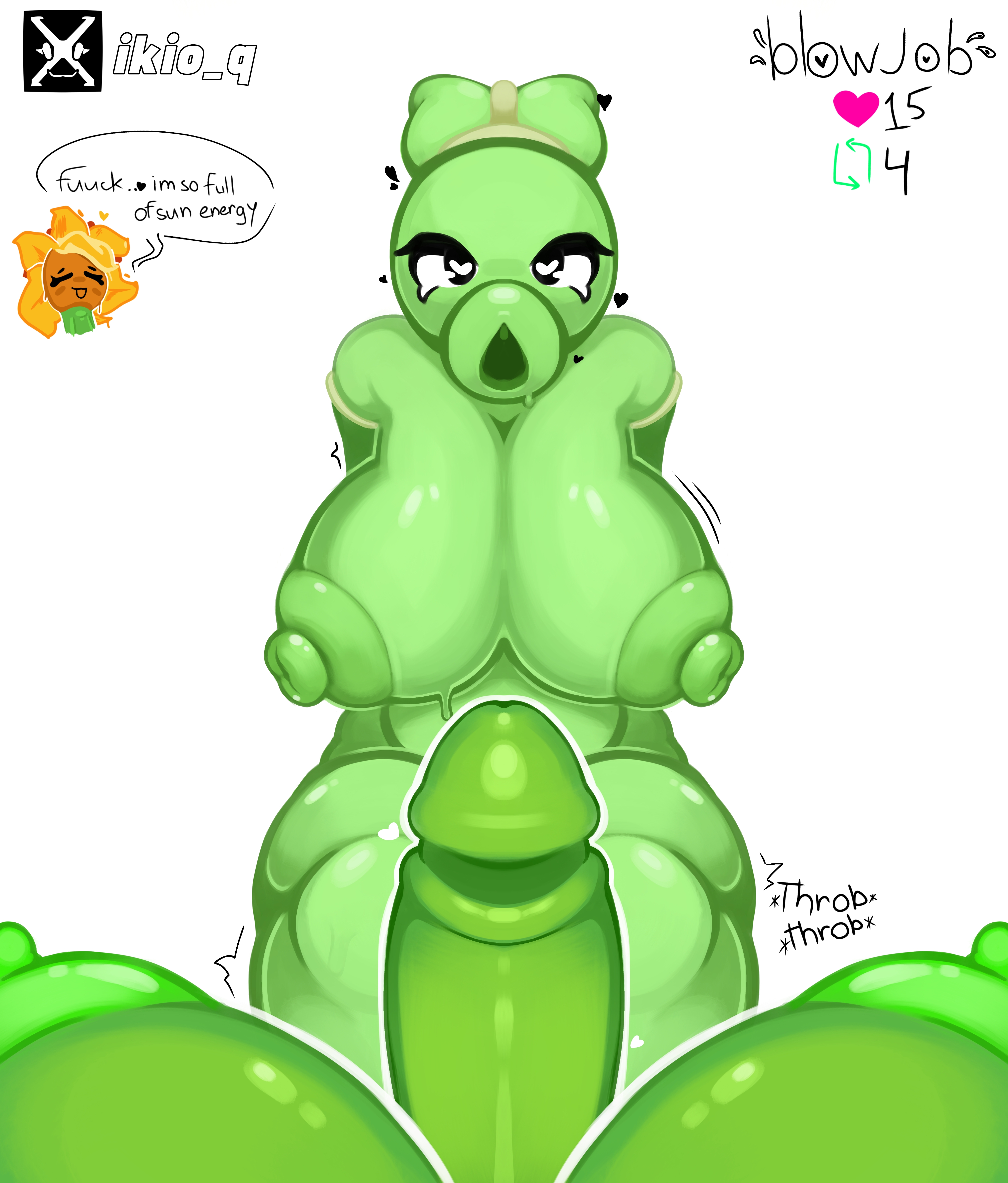 2025, 2girls, areola, areolae, belly, bettilie (iko q), big breasts, big penis, completely nude, dialogue, dick, dickgirl, female, female focus, from above, futa focus, futa with female, futanari, green body, green skin, heart eyes, high resolution, horny, horny female, huge breasts, huge cock, iko q, looking at another, looking at partner, looking at viewer, looking up, nipple bulge, nipples, oc, original character, peashooter, peashooter (pvz), penis, penis out, plants, plants vs zombies, plants vs zombies: heroes, plants vs. zombies, pov, self upload, shy, simple background, sun, sunflower, sunflower (pvz), sunny (iko q), text, thick thighs, throbbing, throbbing penis, twitter link, twitter username
