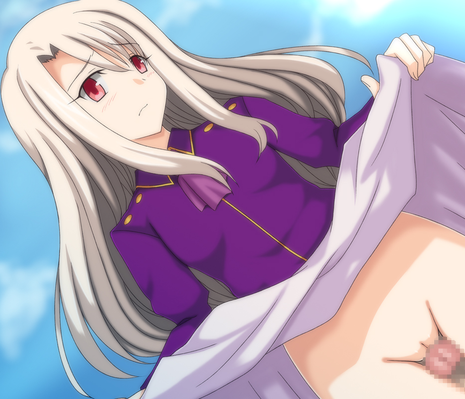 1boy 1girls censored fate/stay_night fate_(series) female illyasviel_von_einzbern long_hair male mosaic_censoring penis pussy red_eyes silver_hair skirt skirt_lift syou_(crecre)