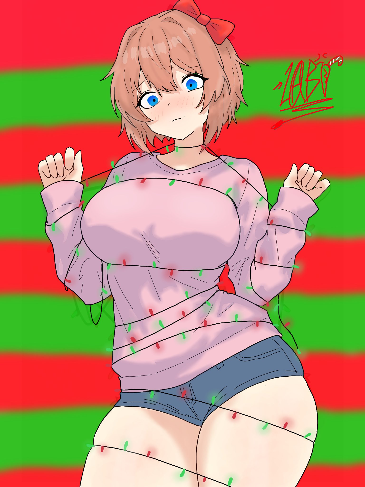 1girls, blue eyes, blush, bow, breasts, christmas, christmas lights, christmas lights around legs, denim, denim shorts, doki doki literature club, drawlab33t, female, hair bow, large breasts, long sleeves, looking at viewer, sayori (doki doki literature club), short hair, shorts, stuck, tangled up, thick thighs, thighs, two-tone background