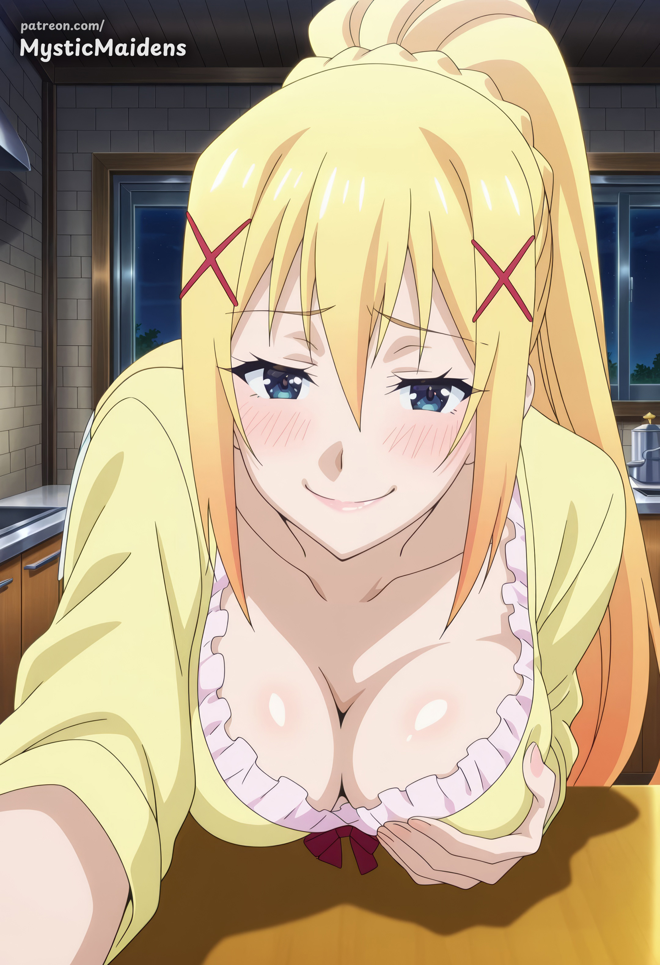 ai generated, anime, anime style, blonde hair, blue eyes, blush, braid, breasts, cleavage, collarbone, darkness (konosuba), female, grabbing own breast, hair between eyes, hair ornament, hentai, hi res, indoors, kono subarashii sekai ni shukufuku wo!, konosuba, large breasts, leaning forward, long hair, looking at viewer, mystic maidens, night, patreon, patreon username, ponytail, shirt, smile, solo, upper body, web address, window, x hair ornament