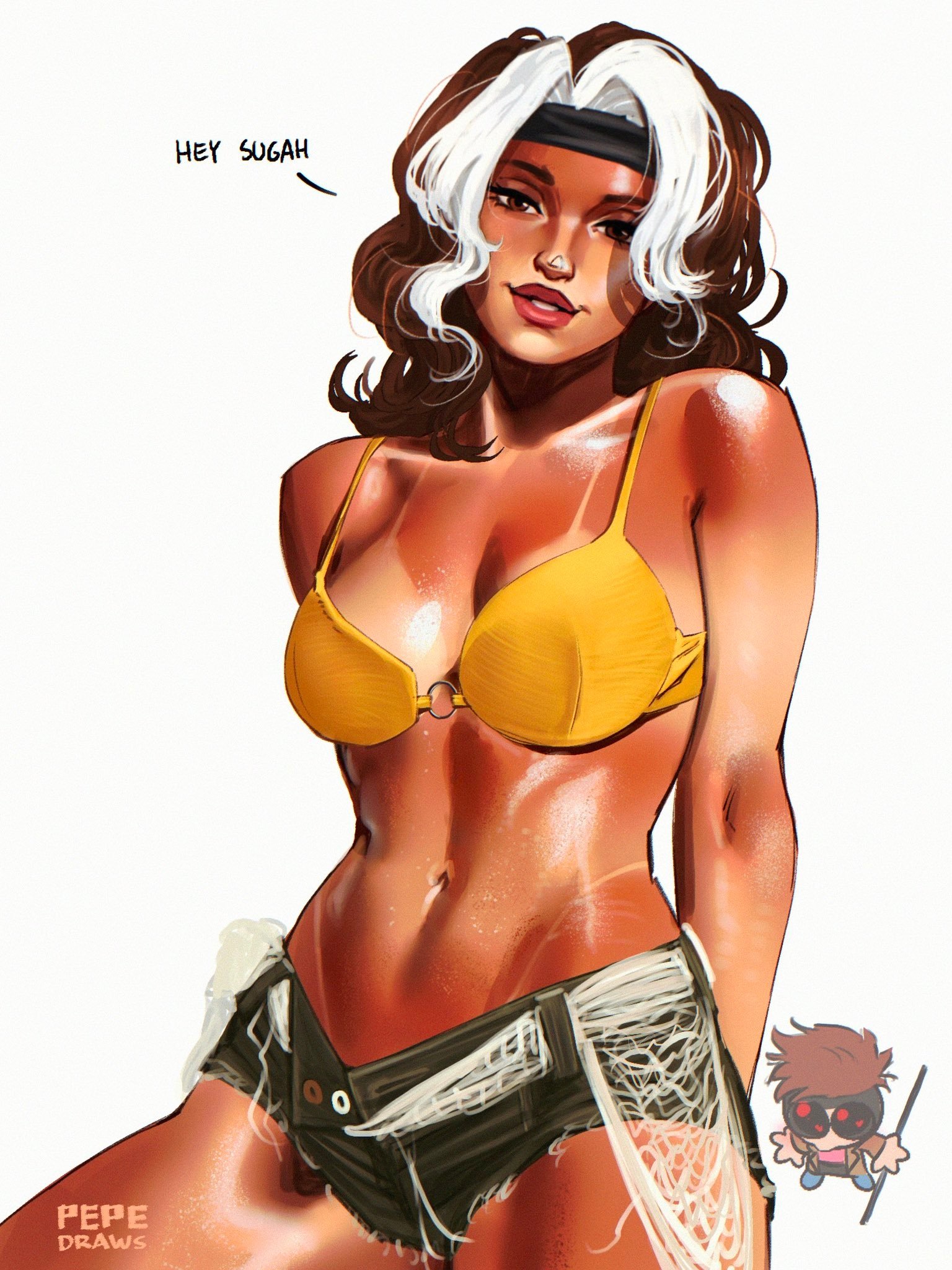 1girls, anna marie, big ass, bikini top, cleavage, female, female focus, gambit, gambit (marvel rivals), jean shorts, marvel, marvel rivals, navel, pepedraws, remy lebeau, rogue (marvel rivals), rogue (x-men), short shorts, sunburn, tanline, thick thighs, x-men