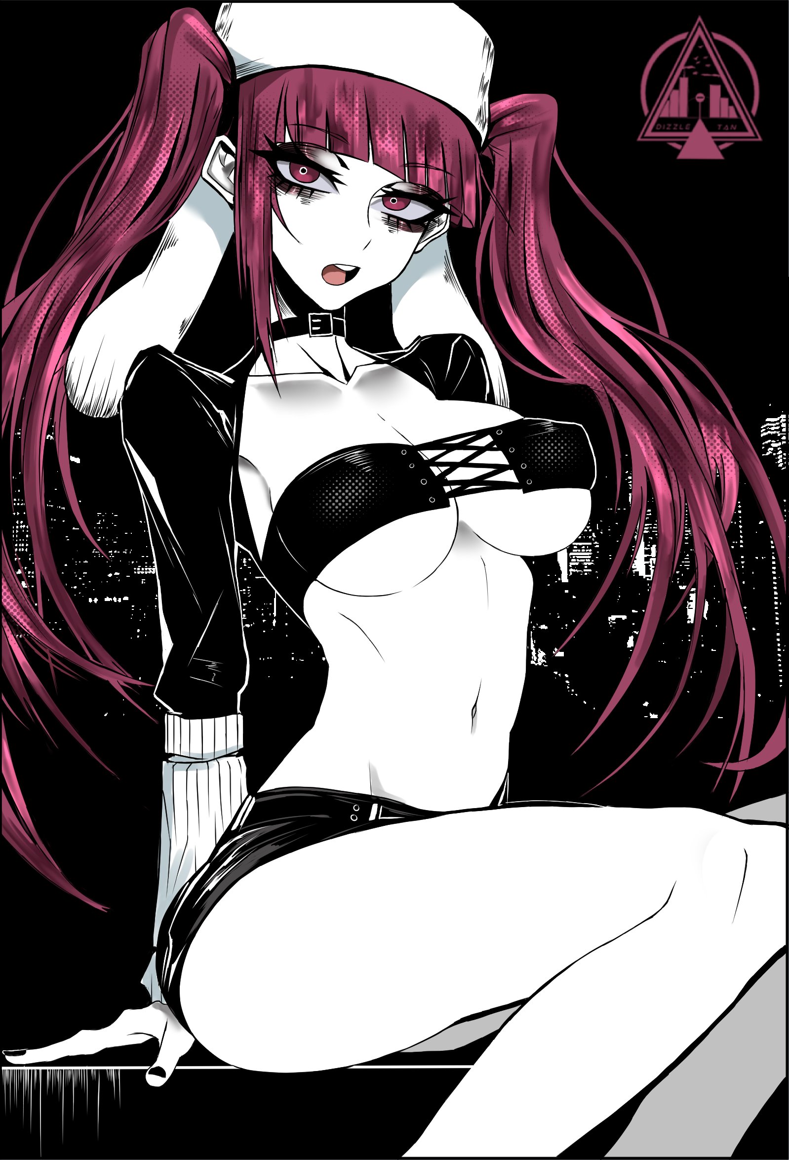 1girls, alternate costume, artist logo, bleach, bleach: sennen kessen-hen, breasts, choker, collarbone, dizzle, dizzle tan, dokugamine riruka, female, female focus, female only, hashtag-only commentary, hat, highres, large breasts, legs together, logo, looking at viewer, monochrome, navel, open mouth, purple eyes, purple hair, sitting, tsundere, twintails