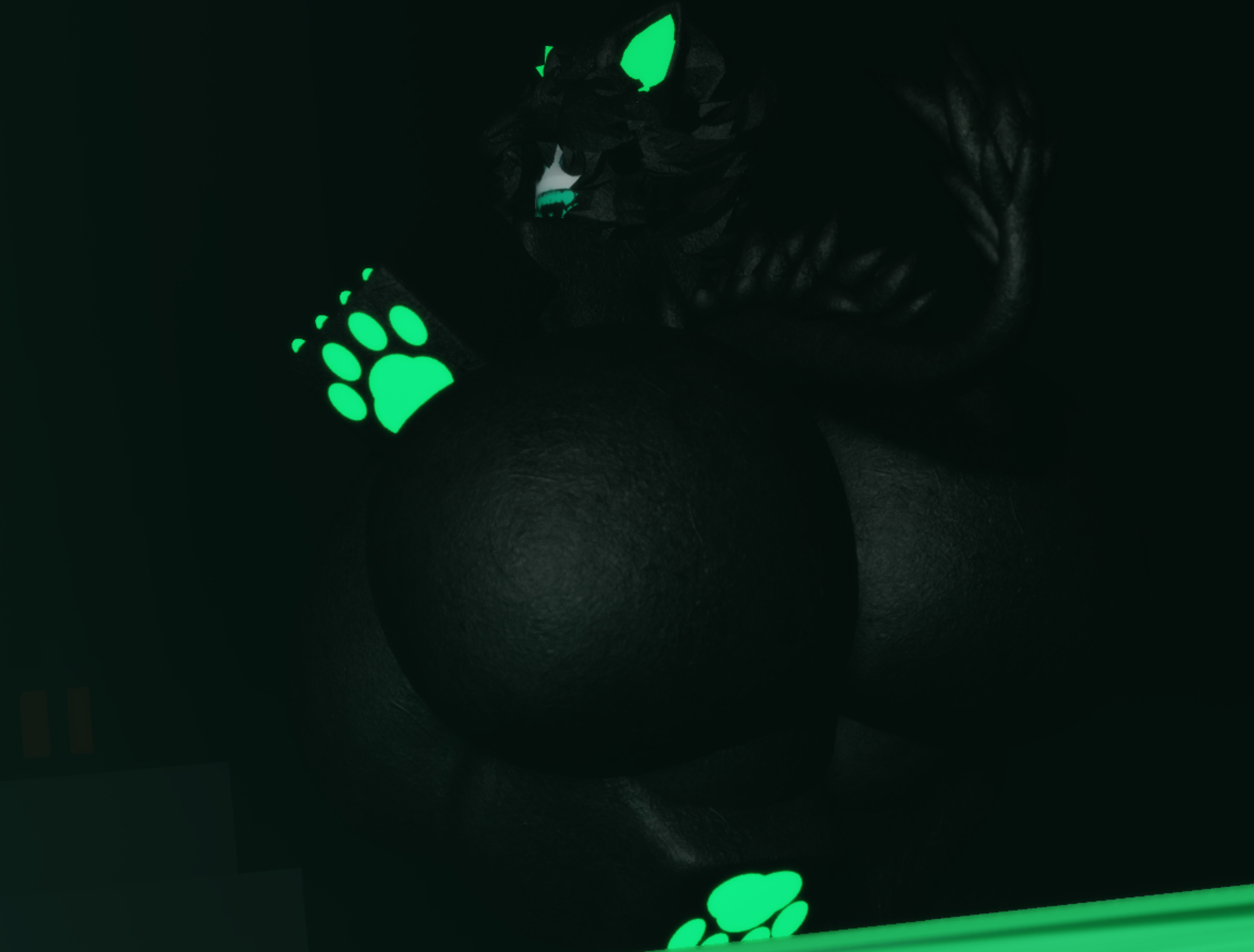 1boy, 3d, ass, balls, big ass, black fur, die of death, die of death (roblox), ear, fur, furry, furry male, glowing paws, green face, green teeth, hand on ass, huge ass, kingzeryn87, made using roblox, massive ass, paws, pursuer (die of death), roblox, roblox game, roblox studio, robloxian, tail, testicles