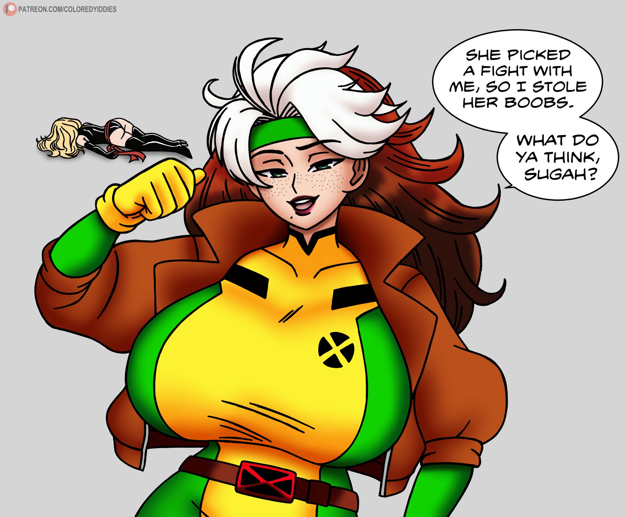 2girls, attribute theft, big breasts, blonde hair, breast expansion, breasts, carol danvers, coloredyiddies, english text, freckles, gloves, green eyes, headband, huge breasts, humor, jacket, large breasts, marvel, marvel comics, ms. marvel (carol danvers), multicolored hair, rogue (x-men), speech bubble, x-men