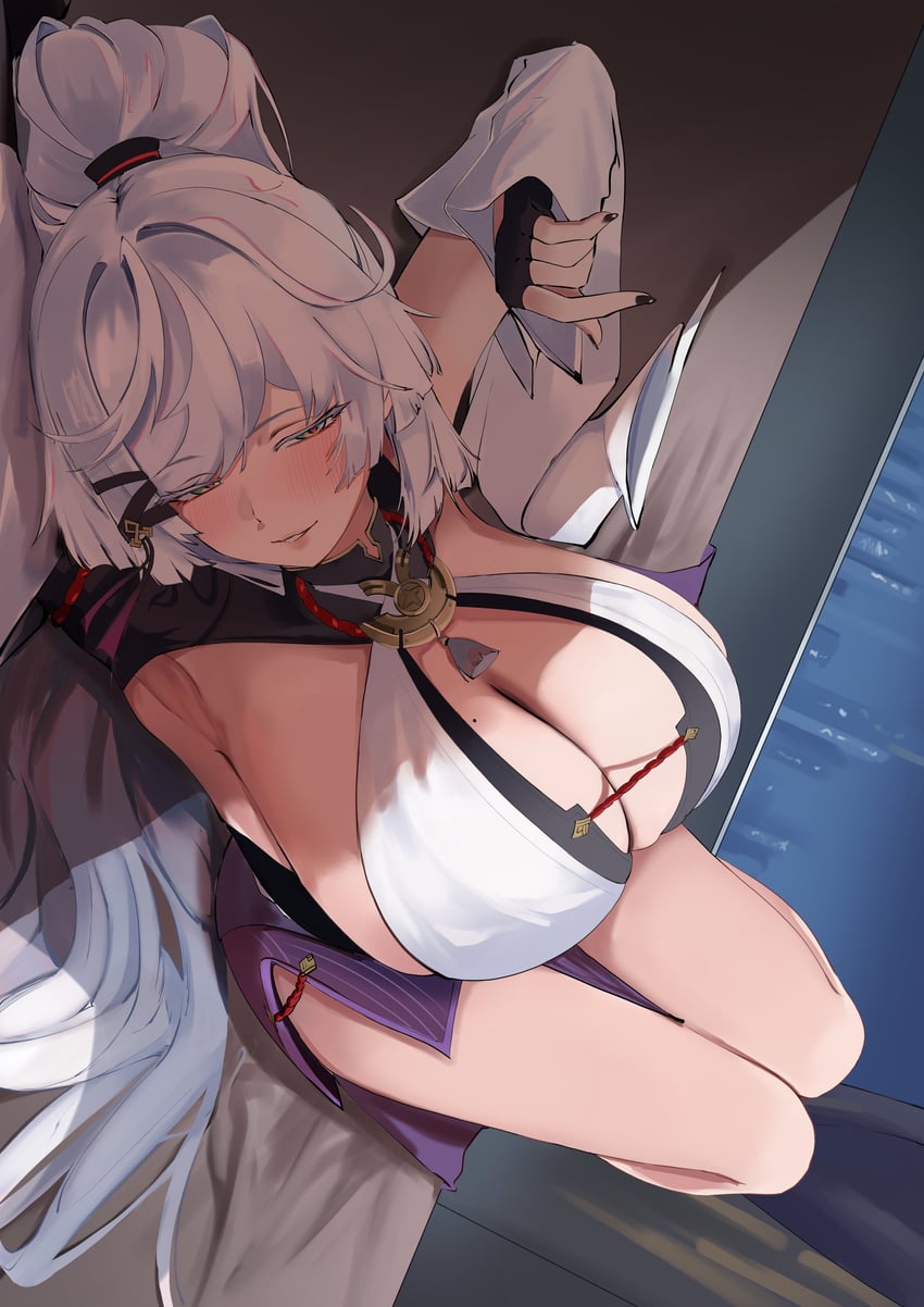 1girl, 1girls, absurdres, arm up, armpits, bed, bed sheet, black gloves, black nails, blush, breasts, building, city, cleavage, commentary request, curtains, detached sleeves, dutch angle, female, female only, fingerless gloves, gloves, green eyes, hair intakes, hair ornament, hand up, heart, heart-shaped pupils, high ponytail, highres, indoors, japanese clothes, knees up, large breasts, long hair, long sleeves, looking at viewer, lying, mole, mole on breast, nail polish, neverness to everness, night, on back, on bed, outdoors, parted lips, pink pupils, ponytail, s4ika, sideboob, sidelocks, skyscraper, solo, symbol-shaped pupils, tagme, tassel, thighs, very long hair, white hair, wide sleeves, window, zankou (neverness to everness)