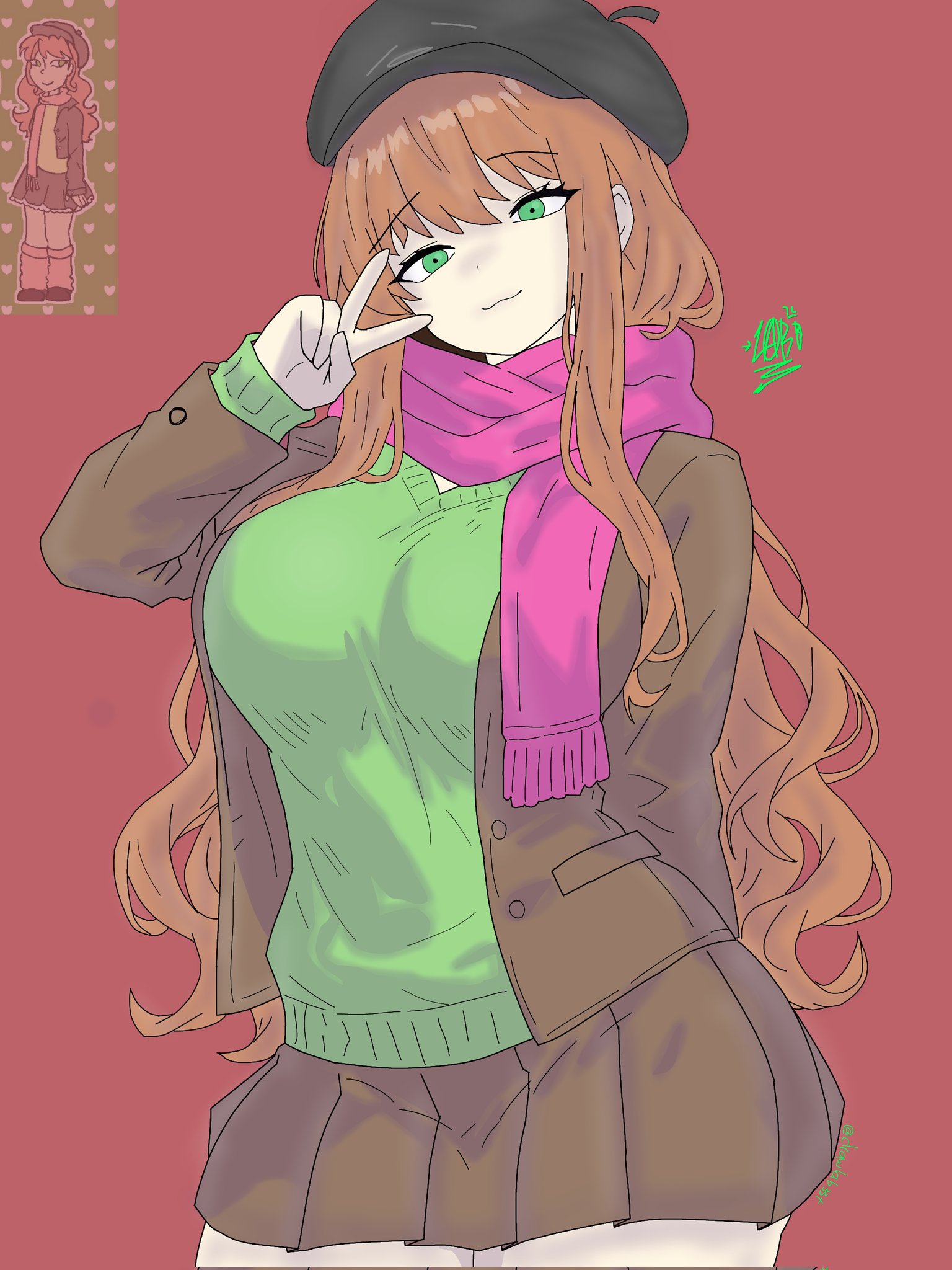 :3, 1girls, artist logo, artist name, beret, black beret, breasts, brown hair, brown skirt, doki doki literature club, drawlab33t, female, green eyes, large breasts, long hair, looking at viewer, monika (doki doki literature club), pink scarf, reference image, scarf, simple background, skirt, thick thighs, thighs, v, v sign