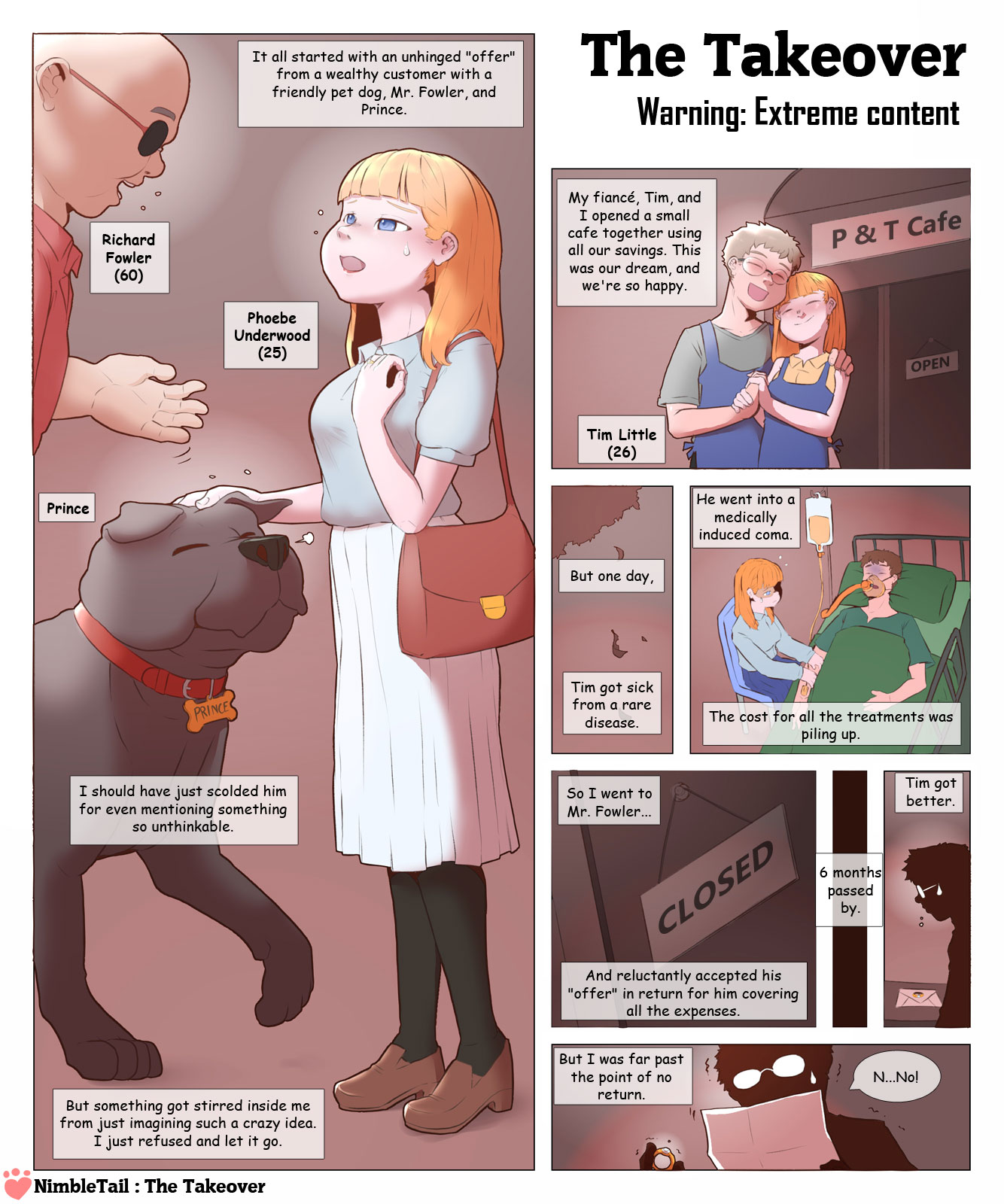 blonde hair, blue eyes, canine, collar, comic, comic page, dog, engagement ring, english text, feral, human female, implied bestiality, nimbletail, ring, skirt, speech bubble, text