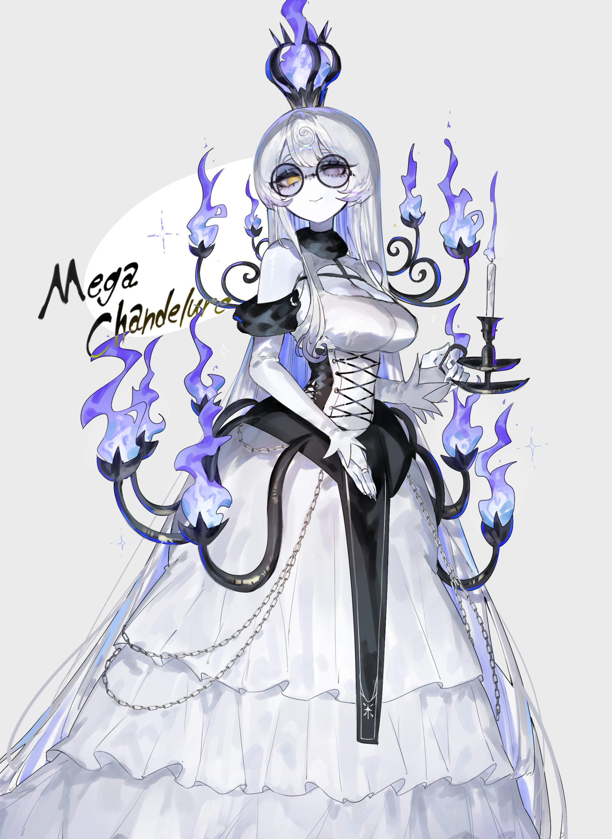 1girls, anthro, chandelure, dress, elegant dress, english text, female, female only, generation 9 pokemon, glasses, heterochromia, hi res, long dress, long hair, looking at viewer, mega chandelure, mega evolution, nintendo, pokemon, pokemon (species), purple eyes, purple hair, round glasses, simple background, smiling, smiling at viewer, solo, text, toge77789, togetoge, two-tone hair, very high resolution, very long hair, white hair, yellow eyes