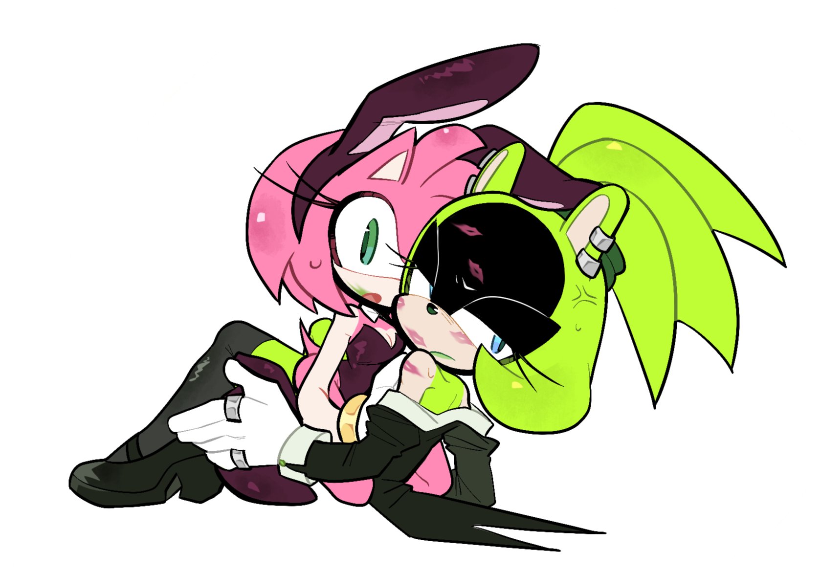 2girls, afrosoricid, amy rose, anger vein, blue eyes, bunnysuit, detached collar, eulipotyphlan, fake animal ears, green eyes, green fur, lipstick, lipstick mark, loose clothes, lying on back, pink fur, pulsarrrrr10086, sonic (series), sonic the hedgehog (idw), sonic the hedgehog (series), stockings, surge the tenrec, white background, yuri