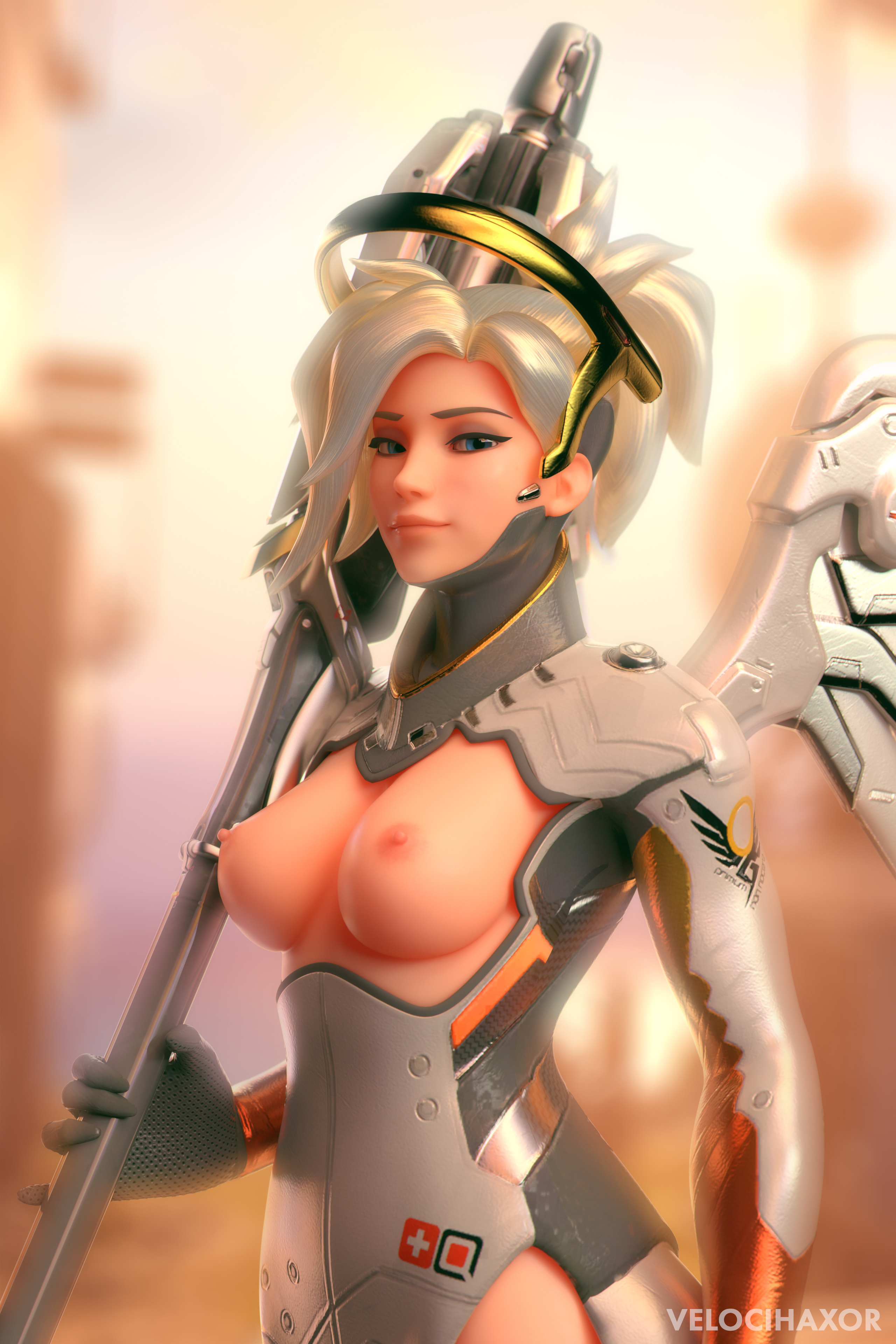 3d, areolae, blonde hair, blue eyes, breasts, female, female only, looking at viewer, mercy, nipples, overwatch, solo, velocihaxor, watchpoint: gibraltar (map)