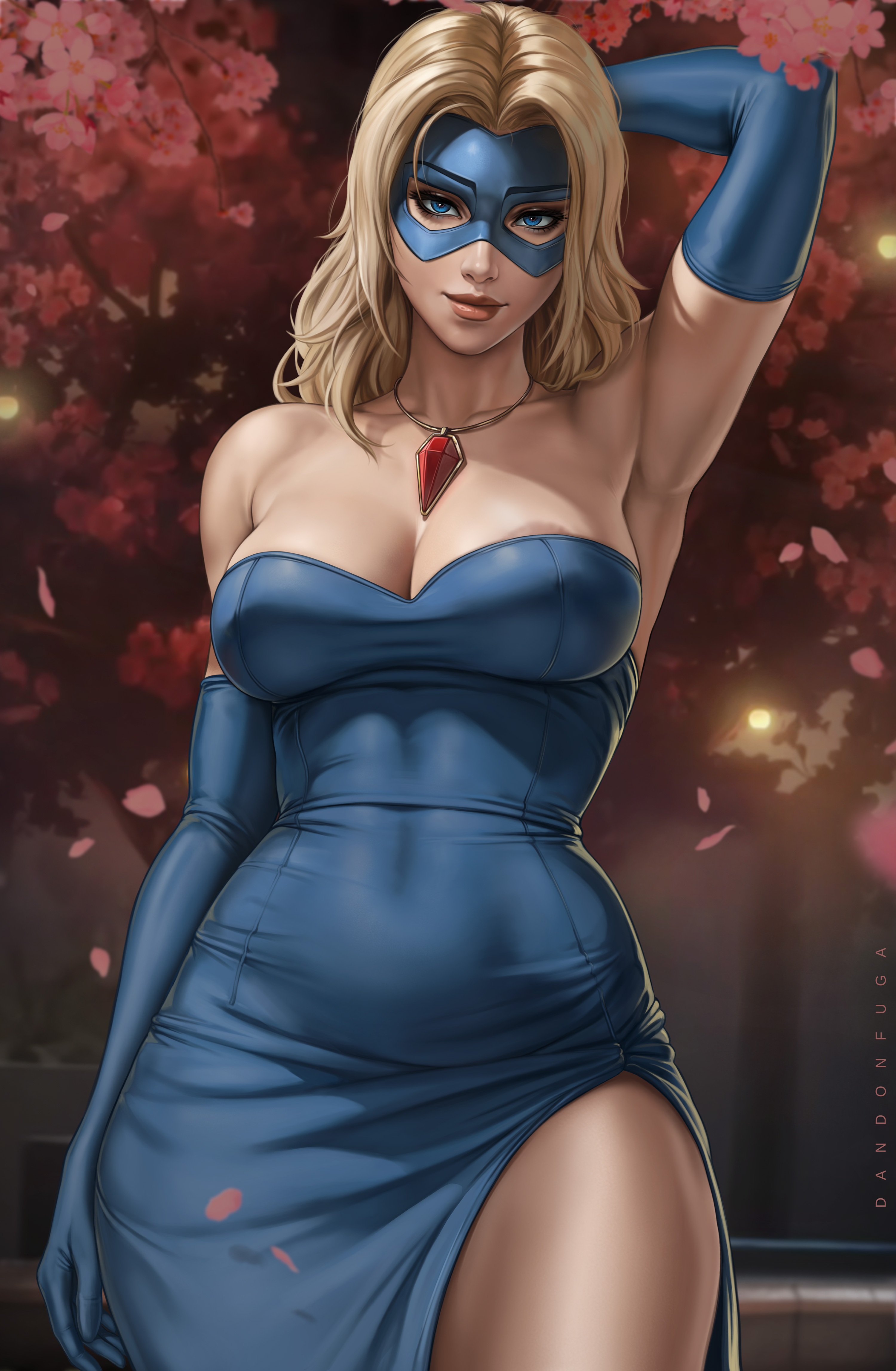 1girls, absurd res, absurdres, areola, areola peek, areola slip, areolae, areolae peeking, areolae slip, arm up, armpit, armpits, athletic, athletic female, bare shoulders, big breasts, blonde, blonde blazer, blonde female, blonde hair, blonde hair female, blonde-haired female, blue clothes, blue clothing, blue dress, blue eyes, blue mask, breasts, busty, casual, child bearing hips, curvaceous, curvaceous body, curvaceous female, curvaceous figure, curves, curvy, curvy body, curvy female, curvy figure, cute face, dandon fuga, dispatch (game), dress, evening, female, female focus, female only, fit, fit female, hand behind head, hand on head, hand on own head, heroine, high resolution, highres, hips, hourglass figure, human, human female, large breasts, light skin, light-skinned female, long hair, mask, masked, masked female, necklace, nipple peek, nipple slip, nipples, one, one arm up, outdoors, outside, park, perky breasts, shaved armpit, slim girl, slim waist, solo, solo female, solo focus, superhero, superhero mask, superheroine, thick thighs, thighs, very high resolution, voluptuous, voluptuous body, voluptuous female, voluptuous figure