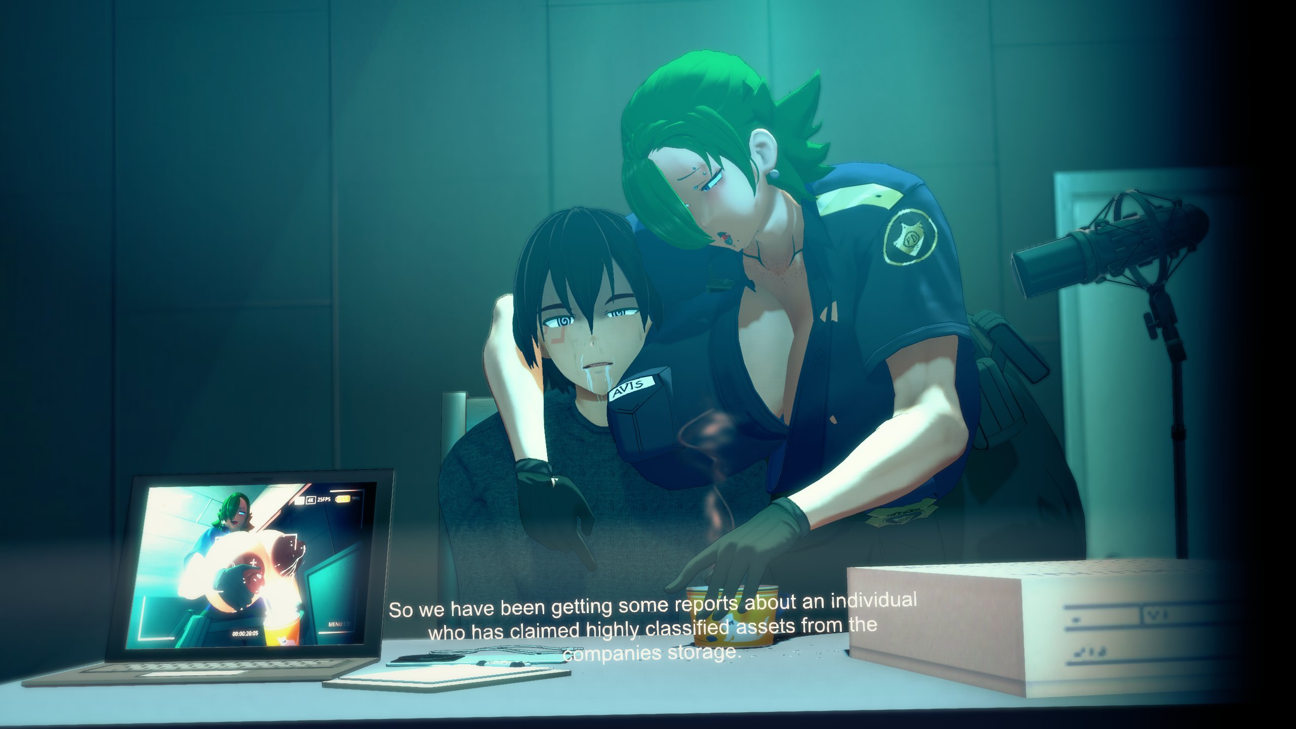 3d, 3d (artwork), 3d model, 3d render, 3dcg, avis (strangehero), avis wail (strangehero), caption, computer, computer monitor, dazed, drooling, foghorn lewdhorn, green hair, hair covering eye, head on breasts, interrogation, interrogation room, lactating, lactation, laptop, large breasts, milf, milk, security, security guard, strangehero, subtitles, tagme