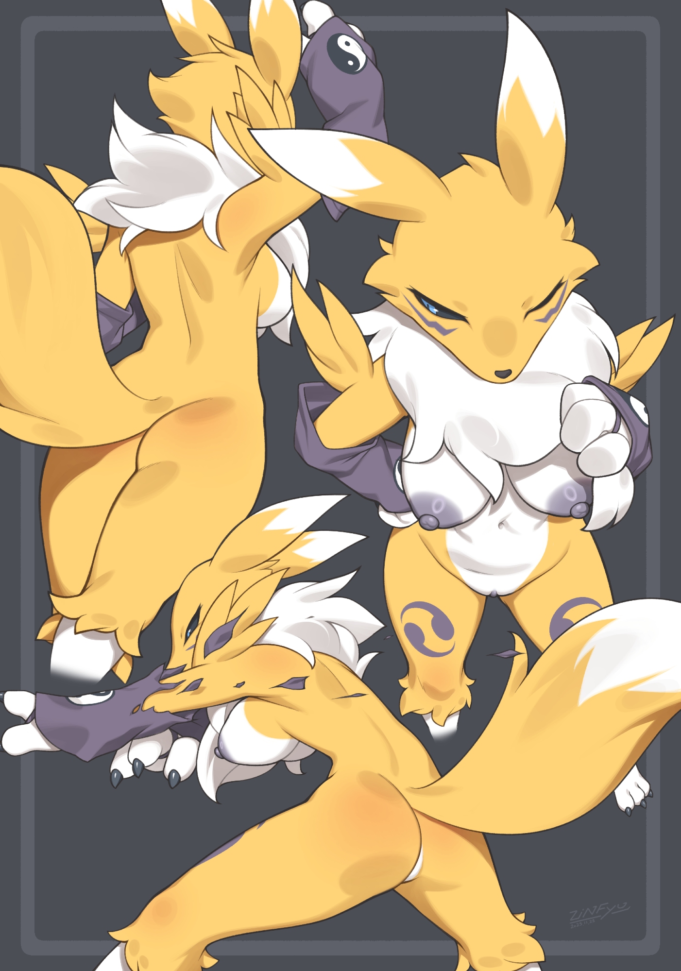 animal ears, ass, black sclera, blue eyes, body fur, breasts, claws, colored sclera, digimon, digimon (creature), facial mark, female, fox ears, fox girl, fox tail, furry, furry female, heart, highres, neck fur, nipples, pussy, renamon, snout, standing, tail, two-tone fur, uncensored, white fur, yellow fur, zinfyu