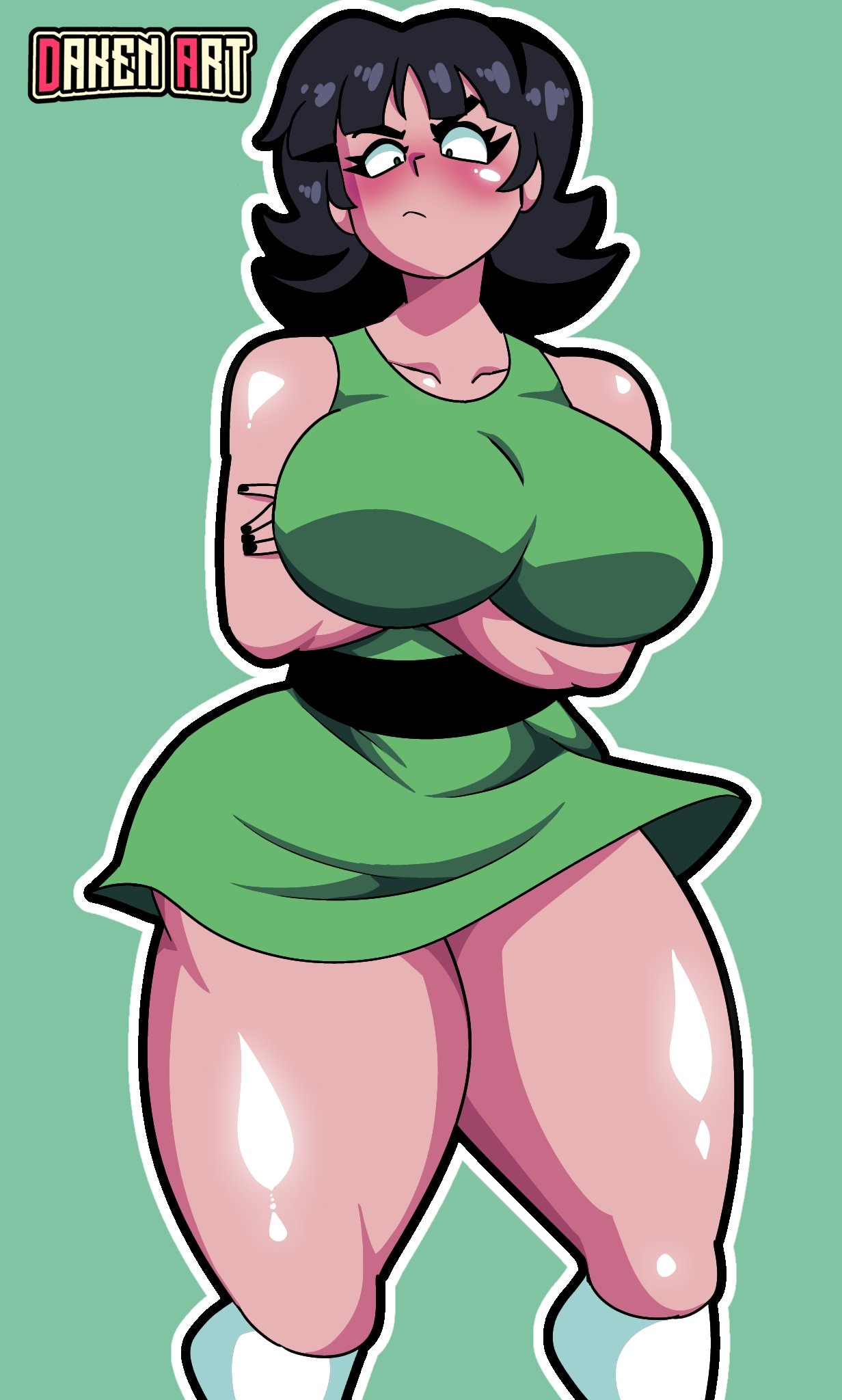 1female, 1girls, aged up, big breasts, black hair, black hair female, bobcut, bobcut hair, buttercup (powerpuff girls), cartoon network, curvaceous, curvy, curvy body, curvy female, curvy figure, dafne henderson, daken henderson (artist), female, female only, hourglass figure, hourglass figured female, large breasts, large thighs, looking at viewer, powerpuff girls, solo, solo female, tagme, thick thighs