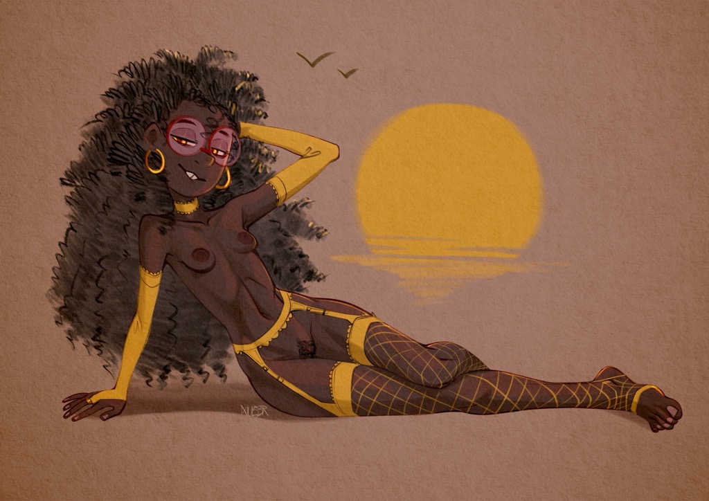 2025, 2d, 2d (artwork), 2d artwork, areola, areolae, artist name, ass, bedroom eyes, bird, breasts, brown hair, brown hair female, bushy hair, curly hair, curly-haired female, dark hair, dark skin, dark-skinned female, eyewear, feet, female, glasses, hair, human, human female, leggings, lingerie, lips, long hair, looking at viewer, lying, lying on side, nipples, oc, original, original character, pubes, slim, slim thick, solo, solo female, sun, thick thighs, toes, topless, xu53r, yellow clothing