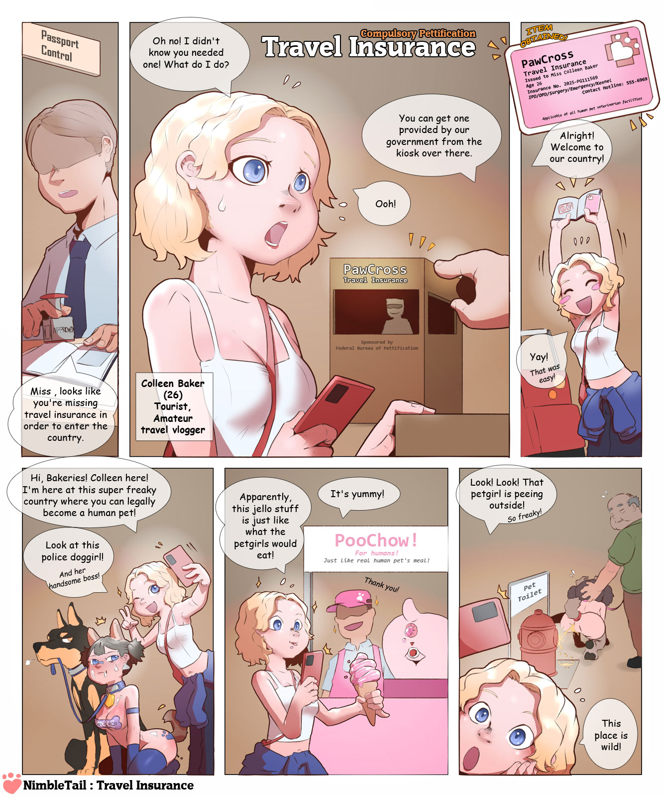 blonde hair, blue eyes, canine, collar, comic, comic page, english text, female, ice cream, leash, nimbletail, open mouth, pee, peeing, pet girl, petgirl, petplay, phone, pretends to be someone else, smartphone, speech bubble, story, text, urination, urine