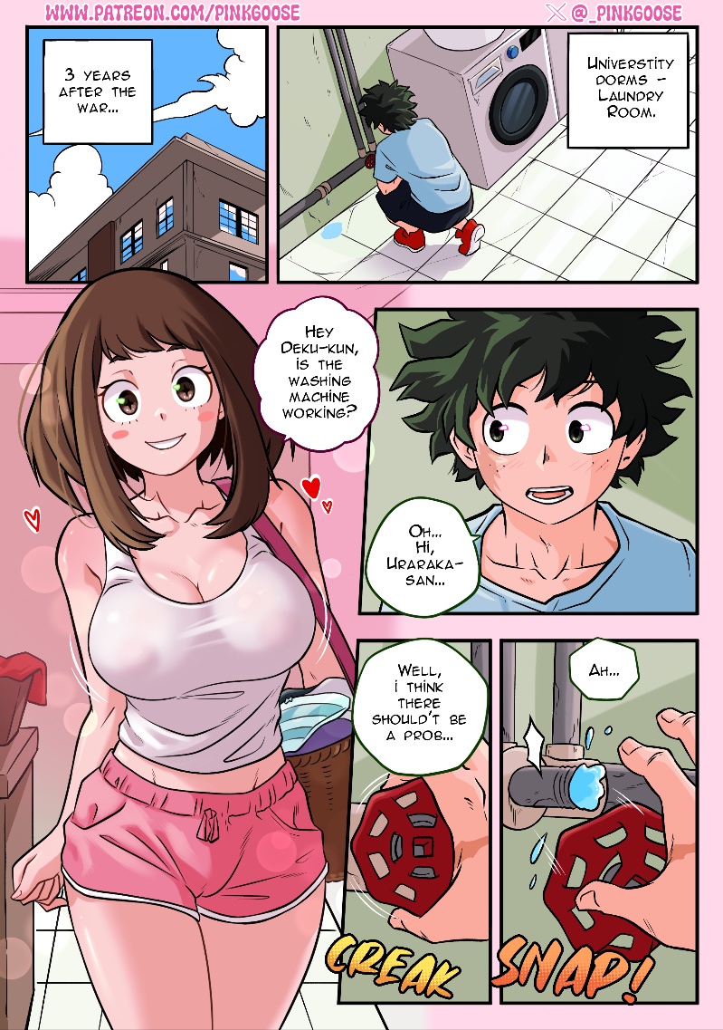 1boy, 1girls, 6koma, bare shoulders, braless, breasts, brown hair, cleavage, comic, dolphin shorts, green hair, gurinsensei, human, human female, human male, izuku midoriya, large breasts, light-skinned female, my hero academia, no bra, ochako uraraka, pinkgoose, see-through, see-through clothes, see-through clothing, see-through shirt, see-through top, short hair, shorts, slim waist, tank top, teenager, white tank top, wide hips
