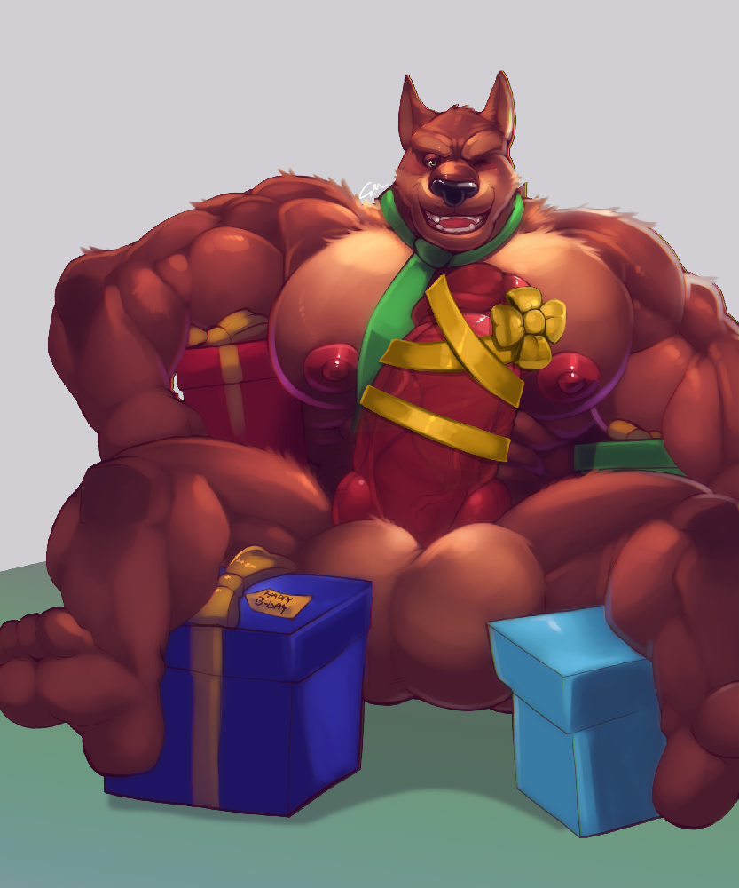 1boy abs animal_genitalia anthro balls bamwuff belly biceps big_balls big_biceps big_penis birthday bottomless bow box brown_fur canine clothed clothing cursedmarked erection front_view fur getfur getfur_(artist) gift green_eyes hand_on_thigh hi_res huge_cock humanoid_penis looking_at_viewer male male_only mammal manly mature_male muscular muscular_male necktie nipples nude one_eye_closed open_mouth partially_retracted_foreskin pecs penis presenting relaxing ribbons simple_background sitting smile solo spread_legs spreading tan_fur teeth thick_penis tongue topless uncut vein veiny_penis