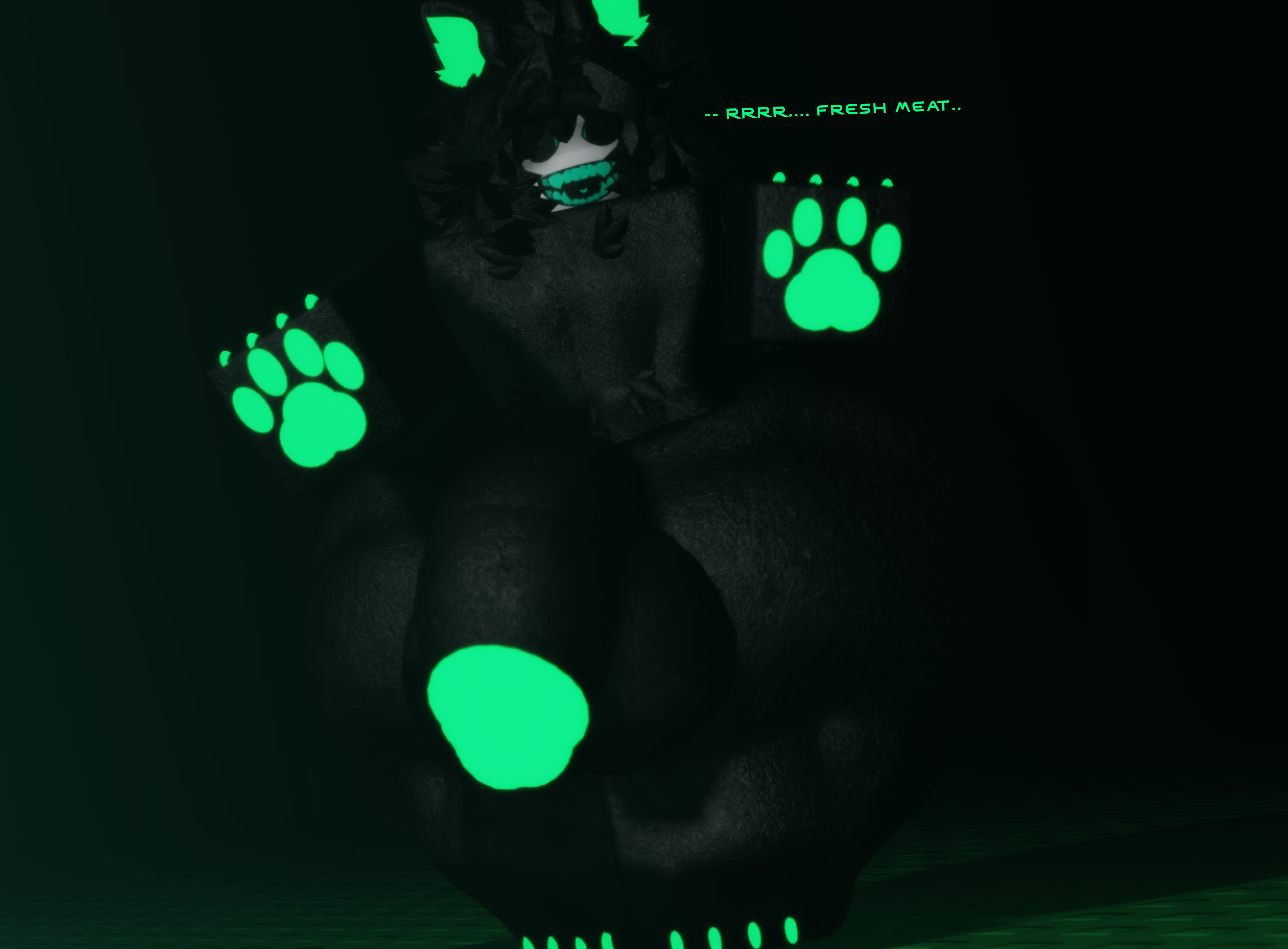 1boy, 3d, black body, black fur, cock, dark skin, dialogue, dick, die of death, die of death (roblox), ear, english text, flaccid penis, fur, furry, furry male, glowing nails, glowing paws, glowing penis, green face, green teeth, kingzeryn87, made using roblox, nails, paws, pursuer (die of death), roblox, roblox game, roblox studio, robloxian, text, thick thighs, wide hips
