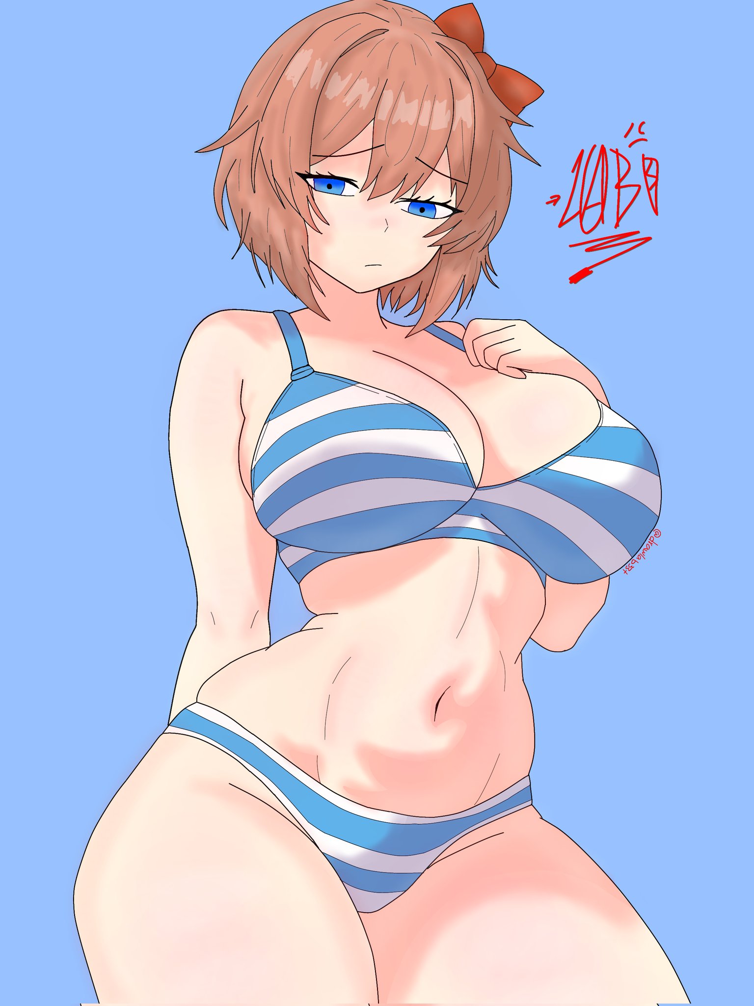 1girls, bare shoulders, blue background, blue eyes, bow, bra, bra and panties, breasts, cleavage, doki doki literature club, drawlab33t, female, female only, hairbow, large breasts, navel, panties, sayori (doki doki literature club), short hair, simple background, solo, solo female, striped bra, striped panties, thick thighs, thighs, underwear