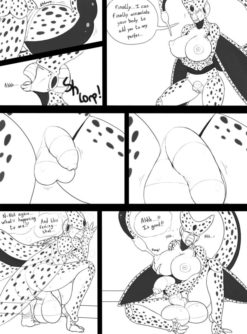 absorption, absorption vore, alien, anthro, backsack, balls, ballsack, big balls, big breasts, big penis, bio-android (dragon ball), breast fondling, breast play, breasts, cell (dragon ball), comic, digital media (artwork), dragon ball, dragon ball z, english text, eyes closed, flaccid, fondling, foreskin, furry, futanari, gender transformation, genitals, half-erect, hand on breast, herm, hi res, humanoid genitalia, humanoid penis, hybrid, imperfect cell, intersex, kalnareff, masturbation, monochrome, nipple fetish, nipple penetration, nipple play, nipples, nude, open mouth, orgasm, partially retracted foreskin, penetration, penile, penile masturbation, penis, pussy, retracted foreskin, saggy balls, solo, spread legs, spreading, tail, tail bulge, text, transformation, uncircumcised, vore