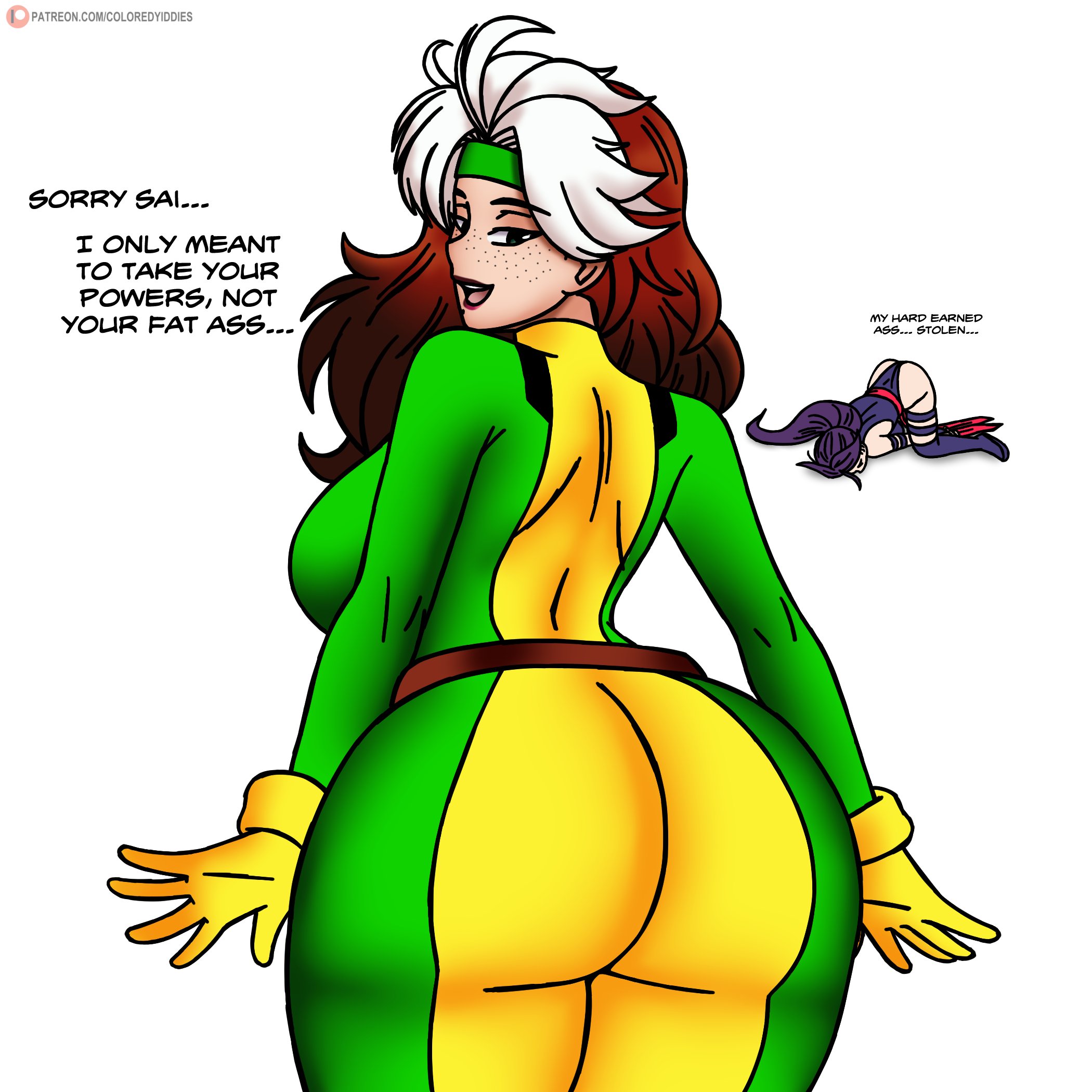 2girls, ass, ass expansion, ass focus, attribute theft, coloredyiddies, dat ass, english text, freckles, gloves, headband, humor, looking back, marvel, marvel comics, marvel rivals, multicolored hair, psylocke, psylocke (sai) (vengeance), purple hair, rogue (x-men), solo, x-men