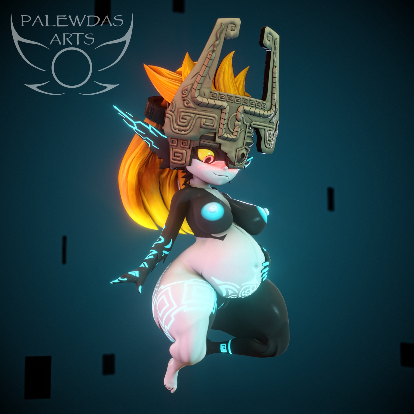 3d, areola, big areola, big breasts, big nipples, blush, breasts, female, hair, hand on belly, headgear, headwear, hi res, humanoid, humanoid pointy ears, imp, imp midna, mammal, markings, midna, nintendo, nipples, not furry, one eye obstructed, orange hair, palewdas arts, pointy ears, pregnant, pregnant female, pregnant humanoid, pregnant shortstack, pubic tattoo, red eyes, short stack, shortstack, smile, snaggle tooth, solo, tattoo, the legend of zelda, twili, twilight princess, yellow sclera
