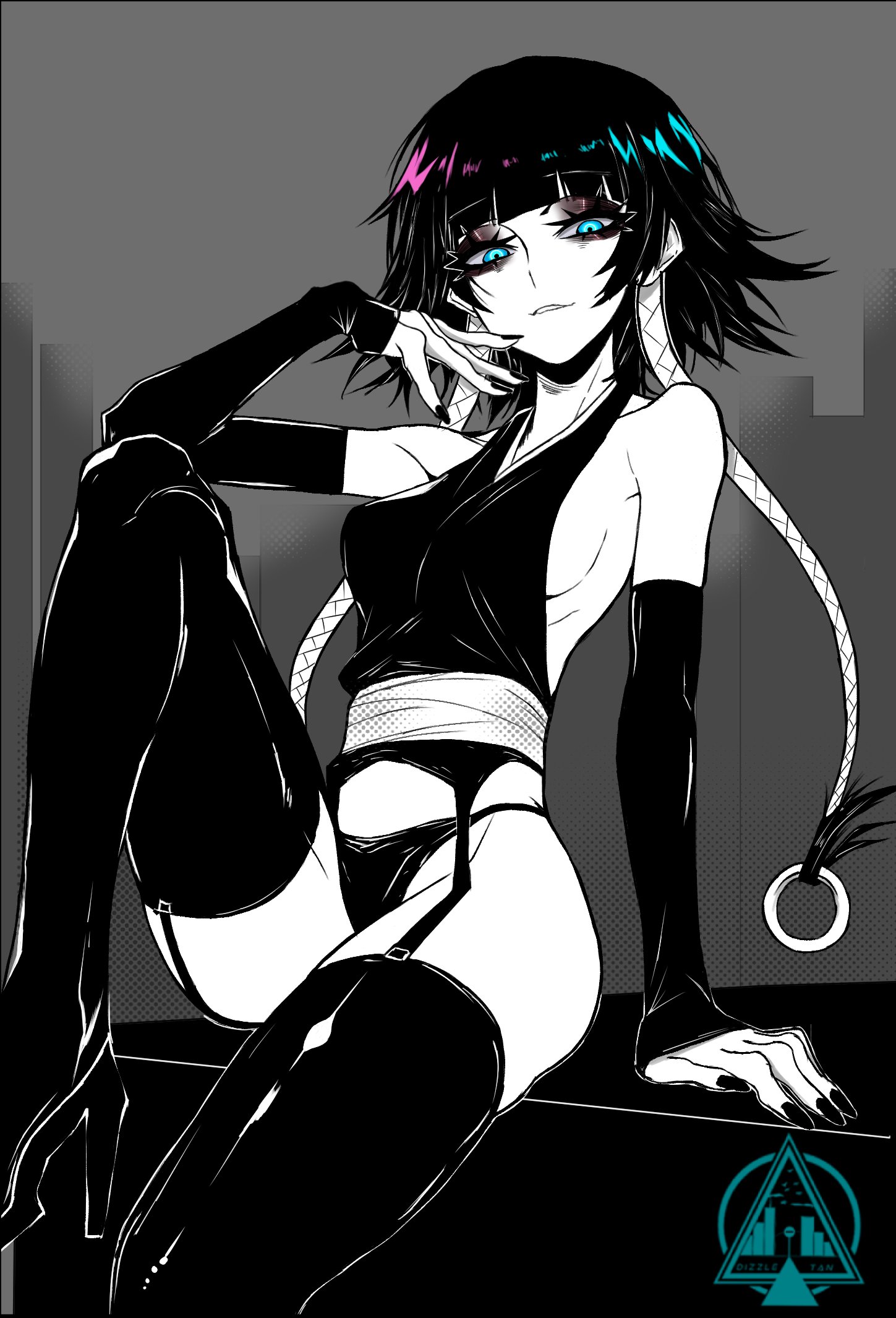 1girls, alternate eye color, artist logo, bare shoulders, black hair, bleach, bleach: sennen kessen-hen, blue eyes, breasts, collarbone, detached sleeves, dizzle, dizzle tan, female, female focus, female only, garter straps, hashtag-only commentary, highres, logo, medium hair, monochrome, simple background, sitting, small breasts, soifon, sui-feng, thighhighs, thighs