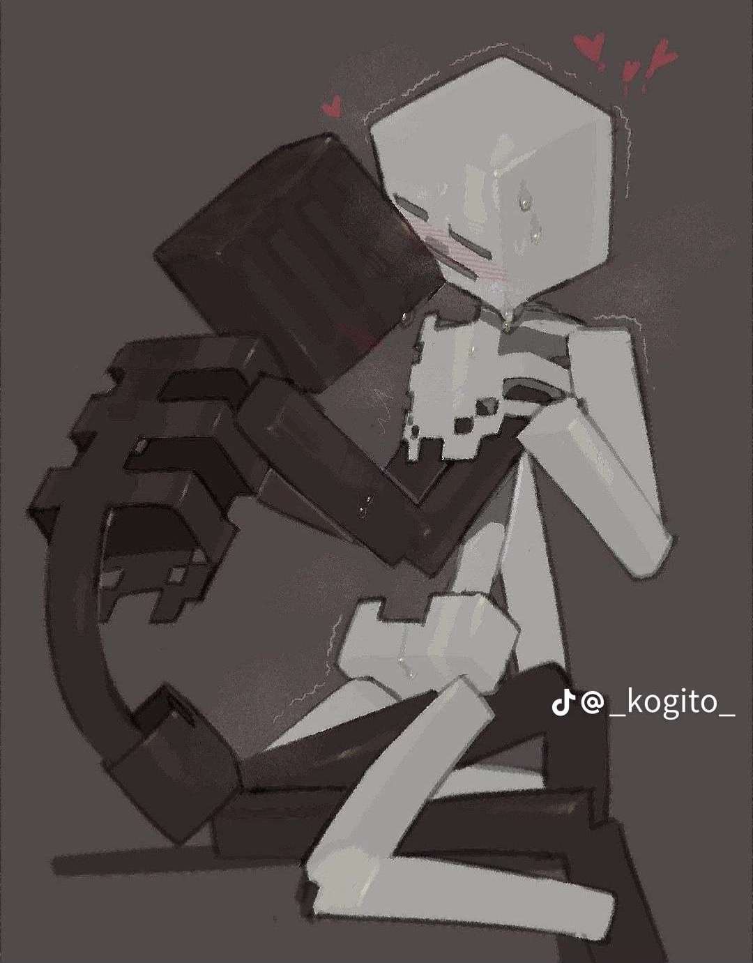 2boys, blush, bodily fluids, digital media (artwork), gay, heart symbol, kogito, male, minecraft, minecraft mob, simple background, skeleton, skeleton (minecraft), wither skeleton (minecraft), yaoi