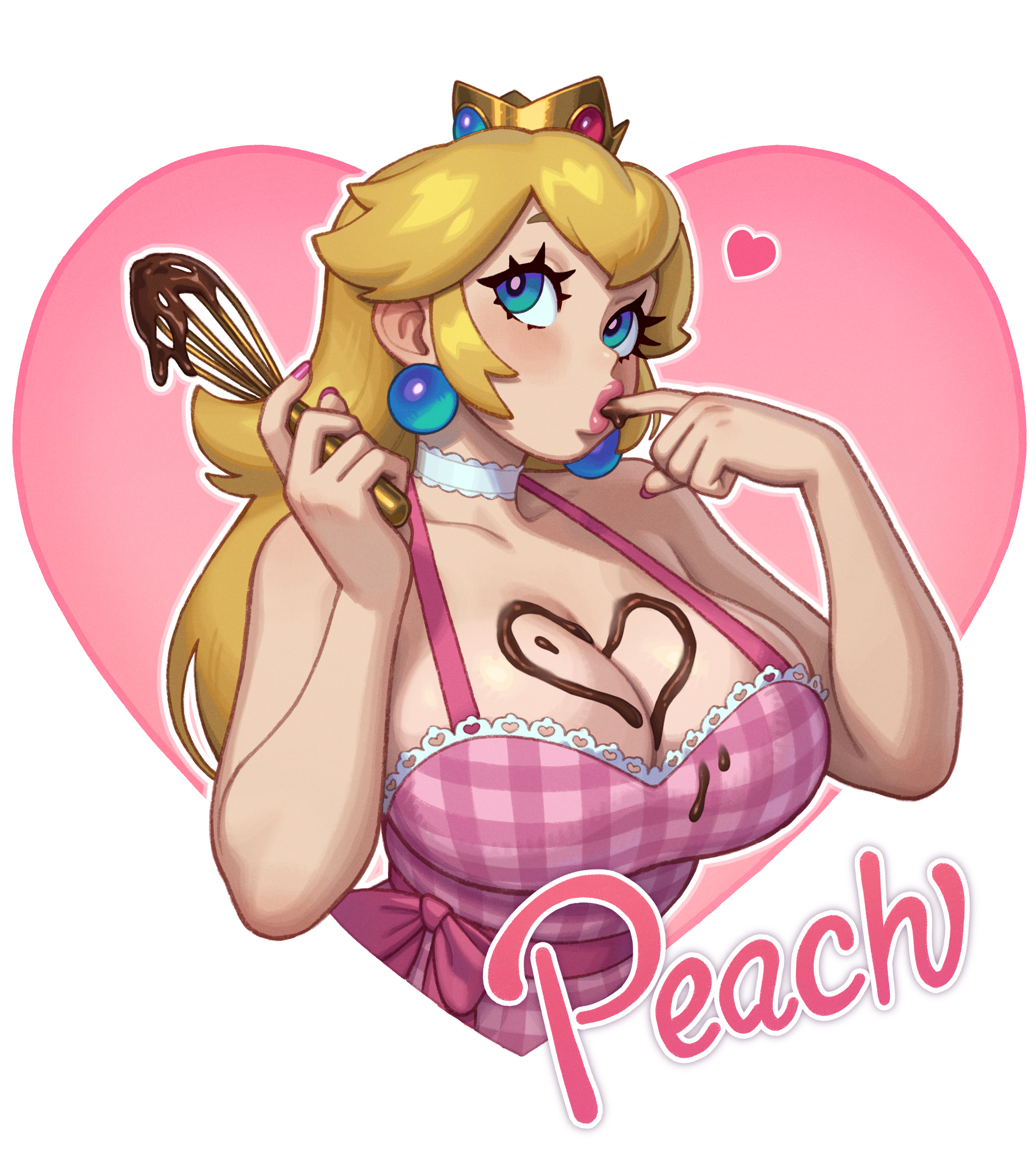 1girl, 1girls, alternate breast size (larger), apron, big breasts, big thighs, big titties, blonde hair, blue eyes, breasts, character name, chocolate, chocolate heart, chocolate on body, chocolate on breasts, choker, cleavage, clothing, collarbone, commentary, cropped torso, crown, curvaceous, curvaceous female, curvaceous figure, curvy, curvy figure, curvy hips, earrings, english commentary, english text, eyelashes, female, female focus, female only, finger to mouth, food, food on body, hands up, heart, heart background, hi res, highres, holding, holding whisk, holidays, human, human only, indoors, inviting to sex, jewelry, large breasts, light skin, light-skinned female, lingerie, lips, lipstick, long hair, looking at viewer, looking to the side, looking up, makeup, mario (series), mario bros, nail polish, nintendo, pale skin, pale-skinned female, pink apron, pink lips, pink nails, pink ribbon, princess, princess peach, ribbon, riz, rizdraws, royalty, simple background, skindentation, solo, stand mixer, standing, striped apron, striped clothes, super mario bros., tasting, upper body, valentine's day, video game character, whisk, white background, white choker, yellow hair