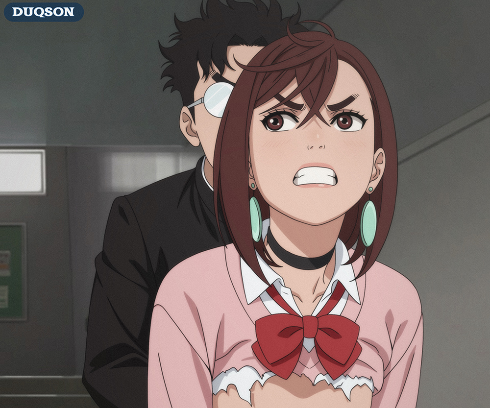 1boy, 1girls, angry, annoyed, ayase momo, clothed sex, dandadan, duqson, forced, momo ayase, ripped clothing, sex, small breasts, takakura ken (okarun)
