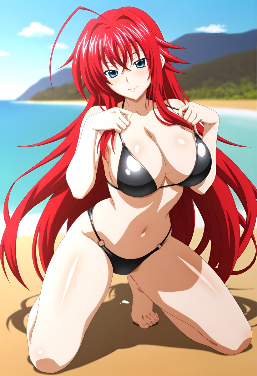 1girls, ai generated, bikini, black bikini, clothed, clothed female, duderu vanilla, female, female only, high school dxd, kneeling, red hair, rias gremory, solo, swimsuit