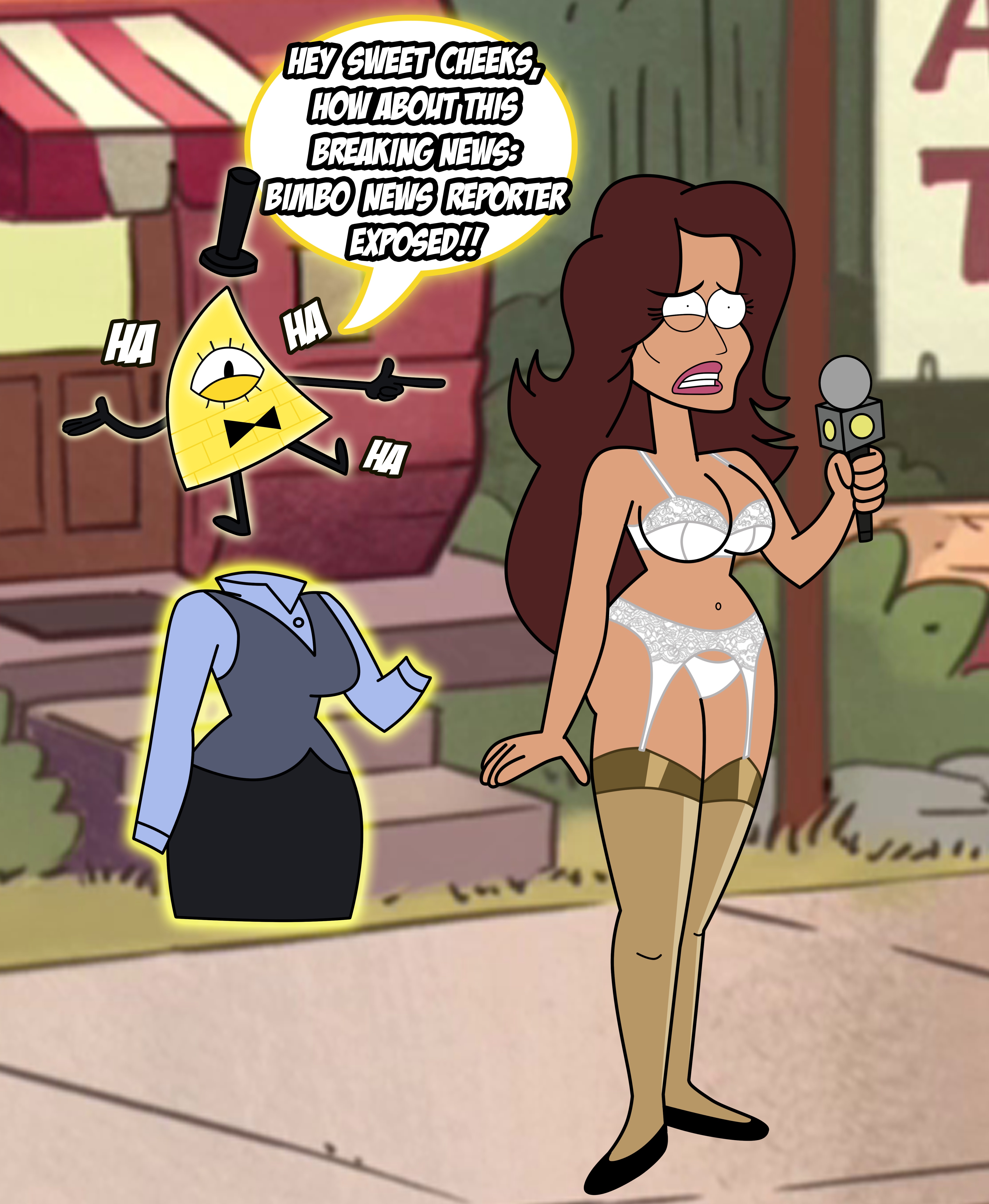 1boy, 1girls, accurate art style, bill cipher, black footwear, blurry background, bra, breasts, brown hair, cleavage, clenched teeth, creature, curvy, cyclops, disney, disney channel, disney xd, embarrassed underwear female, embarrassed undressed female, english text, euf, female, female focus, floating, forced exposure, full body, garter belt, garter straps, gravity falls, grimphantom, large breasts, latina, legs together, lingerie, long hair, magic, male, microphone, news reporter, outdoors, panties, pointing at another, shandra jimenez, shoes, sidewalk, speech bubble, standing, straight hair, thighhighs, white panties