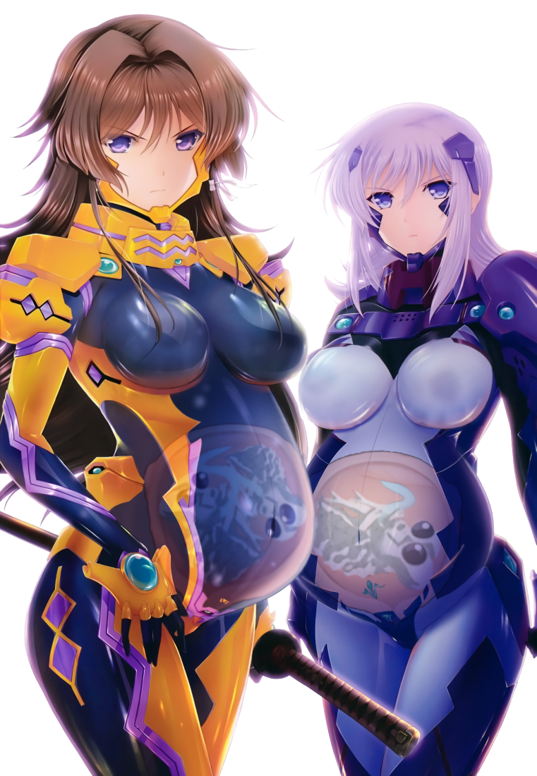 beta_(muvluv) bodysuit breasts brown_hair clothing female fetus human_mother_baby_monster interspecies_pregnancy large_breasts legs_together long_hair looking_at_viewer monster muv-luv muvluv_total_eclipse pregnant purple_eyes takamura_yui umbilical_cord uterus x-ray