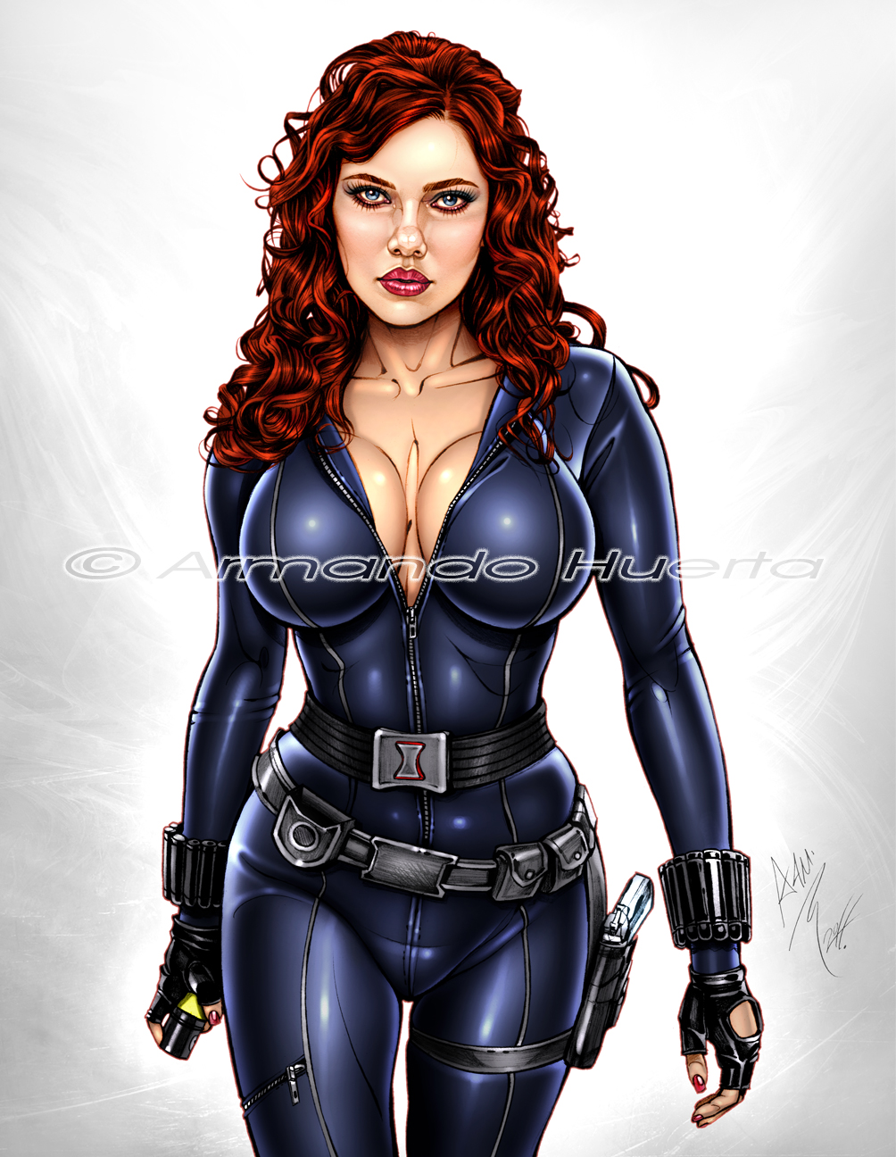 actress armando_huerta avengers belt black_widow_(marvel) blue_eyes bodysuit breasts celebrity cleavage eyelashes female female_only fingerless_gloves gloves gun highres iron_man_2 large_breasts long_hair marvel marvel_cinematic_universe marvel_comics nail_polish natasha_romanoff nipple_bulge red_hair scarlett_johansson solo unzipped watermark weapon zipper_pull_tab