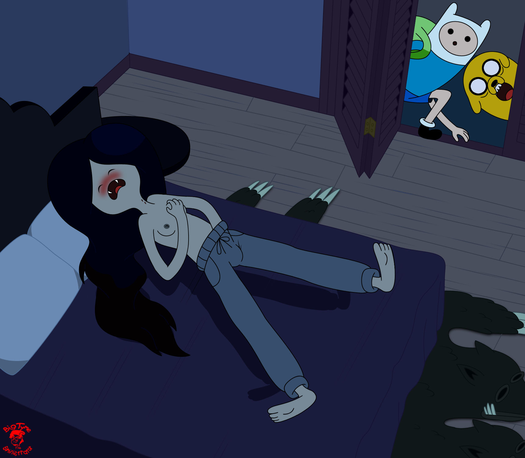 1girls, 2boys, accurate art style, adventure time, backpack, bag, bigtyme, blonde hair, blush, cartoon network, fangs, female, finn the human, human, jake the dog, male, marceline, masturbation, pale skin, topless, vampire, voyeur