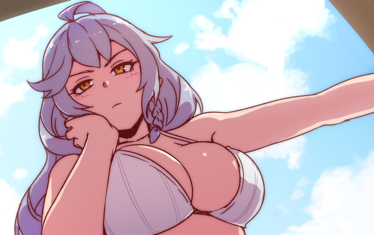 akairiot, bikini top, blush, cleavage, female, fully clothed, granblue fantasy, long hair, silva (granblue fantasy), solo