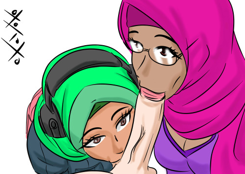 1boy 2girls animal_ears artist_request collaborative_fellatio copyright_request fellatio hijab multiple_fellatio muslim niqab oral penis simple_background straight teamwork veil