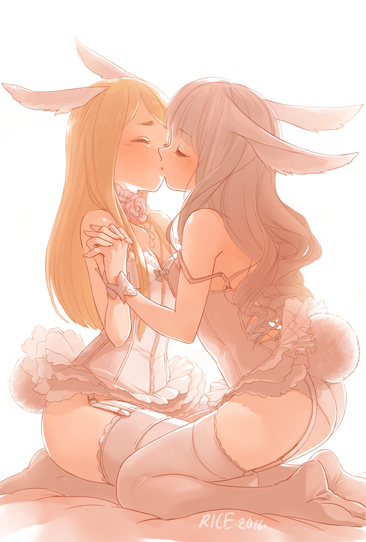 2016, 2girls, blush, bunny ears, bunny girl, bunny tail, corset, cute, elin (tera), female, female only, holding hands, kissing, rice365, stockings, tera online, underwear, wholesome, yuri
