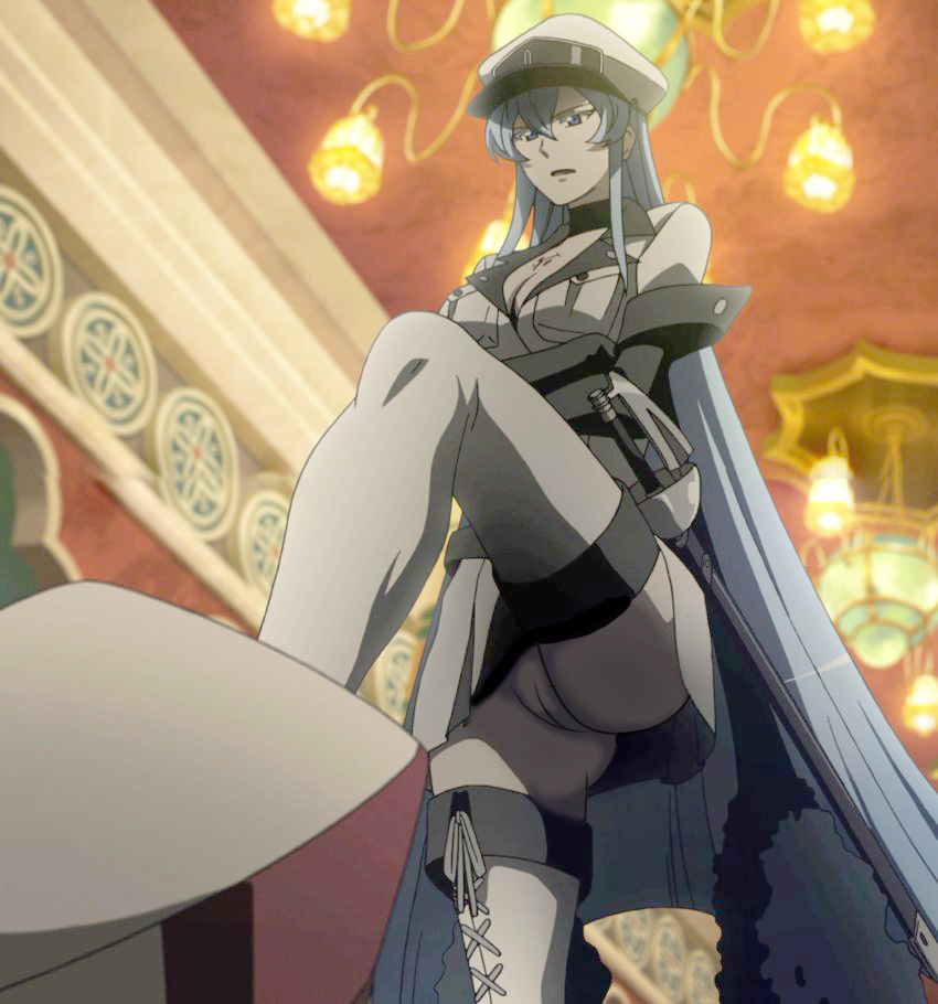 akame ga kill!, edit, esdeath (akame ga kill!), female, light skin, light-skinned female, nekomate14 edited, pale skin, pale-skinned female, peaked cap, screenshot, screenshot edit, uncensored