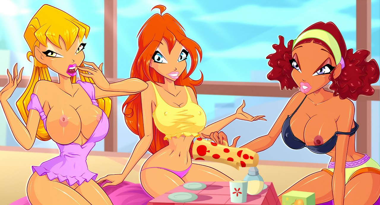 3girls, african female, aisha (winx club), amber eyes, areola, bare shoulders, belly, bimbo, blonde hair, bloom (winx club), blue eyes, bottomless, bra, breast slip, breasts, brown hair, busty, camisole, cleavage, covered breasts, covered nipples, dark skin, dark-skinned female, erect nipples, eyeshadow, female, female only, hips, hourglass figure, kneeling, large breasts, layla (winx club), legs, lips, lipstick, long hair, makeup, multiple females, multiple girls, navel, nipple bulge, nipple slip, nipples, no panties, open mouth, orange hair, pajamas, panties, purple eyes, rainbow (animation studio), red hair, stella (winx club), tea, teenager, teeth, thighs, thin waist, tied hair, tongue, twintails, voluptuous, winx club, yawn, yellow eyes, zfive