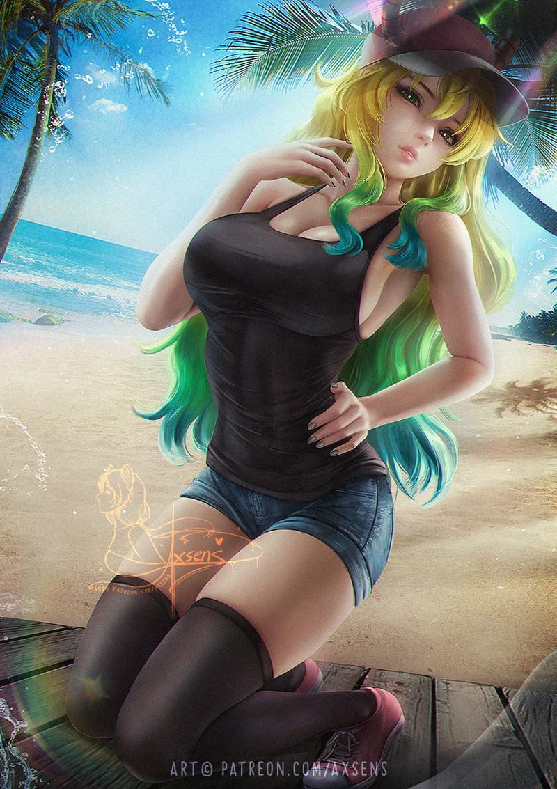 1girls, axsens, beach, female, female only, miss kobayashi's dragon maid, quetzalcoatl (dragon maid), shoes, sneakers, solo, yellow hair