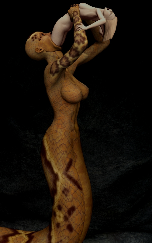 2girls 3d elf female lamia monster_girl naga red_hair size_difference vore