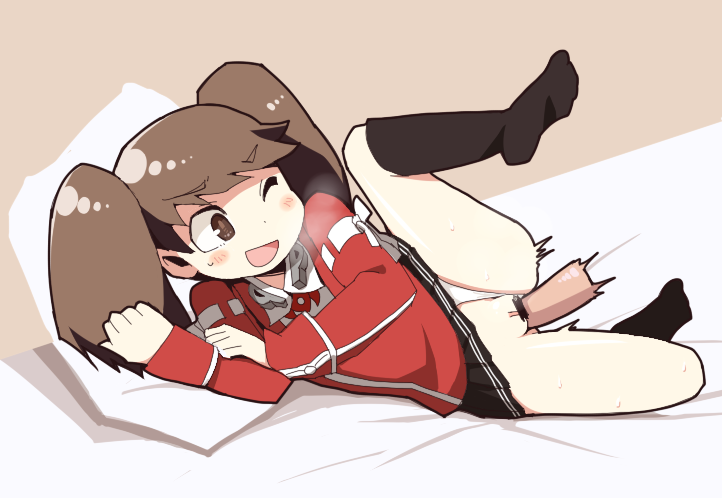 :d ;d bar_censor black_legwear black_skirt blush breath brown_eyes brown_hair censored clothed_sex clothing disembodied_penis dokan_(dkn) female kantai_collection kneehighs leg_up looking_to_the_side lying male motion_lines on_bed on_side one_eye_closed open_mouth panties panties_aside penetration penis pillow pointless_censoring pussy ryuujou_(kantai_collection) sex skirt skirt_lift smile solo_focus spread_legs sweatdrop two_side_up underwear vaginal_penetration white_panties