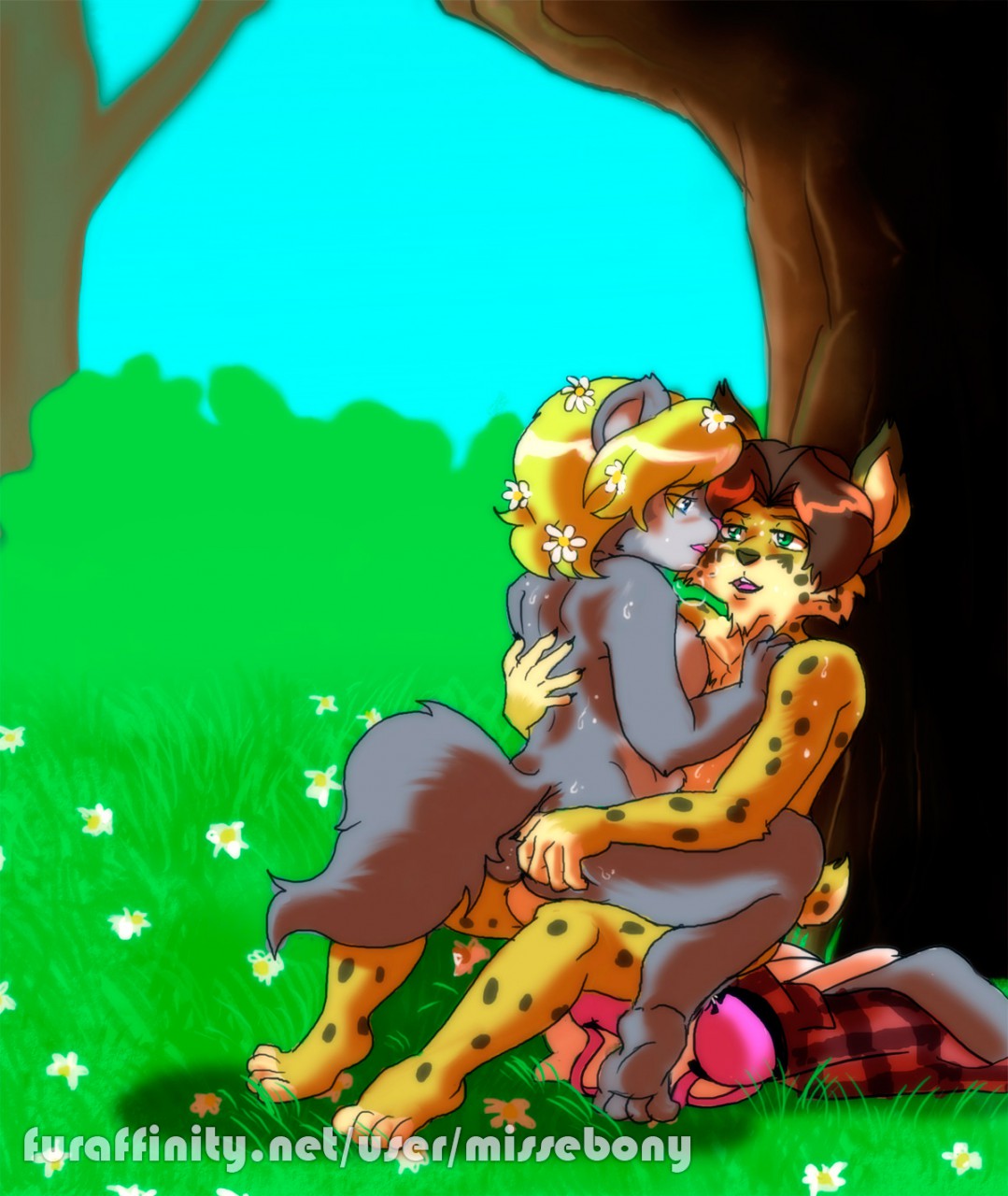 anthro ashlee_hurwitz ass ass_grab color dormouse feline female flower flowers_in_hair good_cheese grass gunther_hausmann hand_on_ass interspecies lynx male mammal mastery_position missebony mouse nude outside plant rodent romantic_couple sex tree