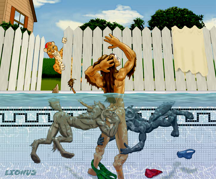 anal anthro ass backsack balls black_fur black_hair black_nose blue_plate_special brown_fur brown_hair brown_nose canine clothing cloud color fangs feline fence fur grope group group_sex hair hand_on_ass lion long_hair male mammal oral outside panties panties_down partially_submerged rimming sex sky smile speedo standing swimming_pool swimsuit tail_tuft threesome tuft underwear water wet wolf wooky yaoi