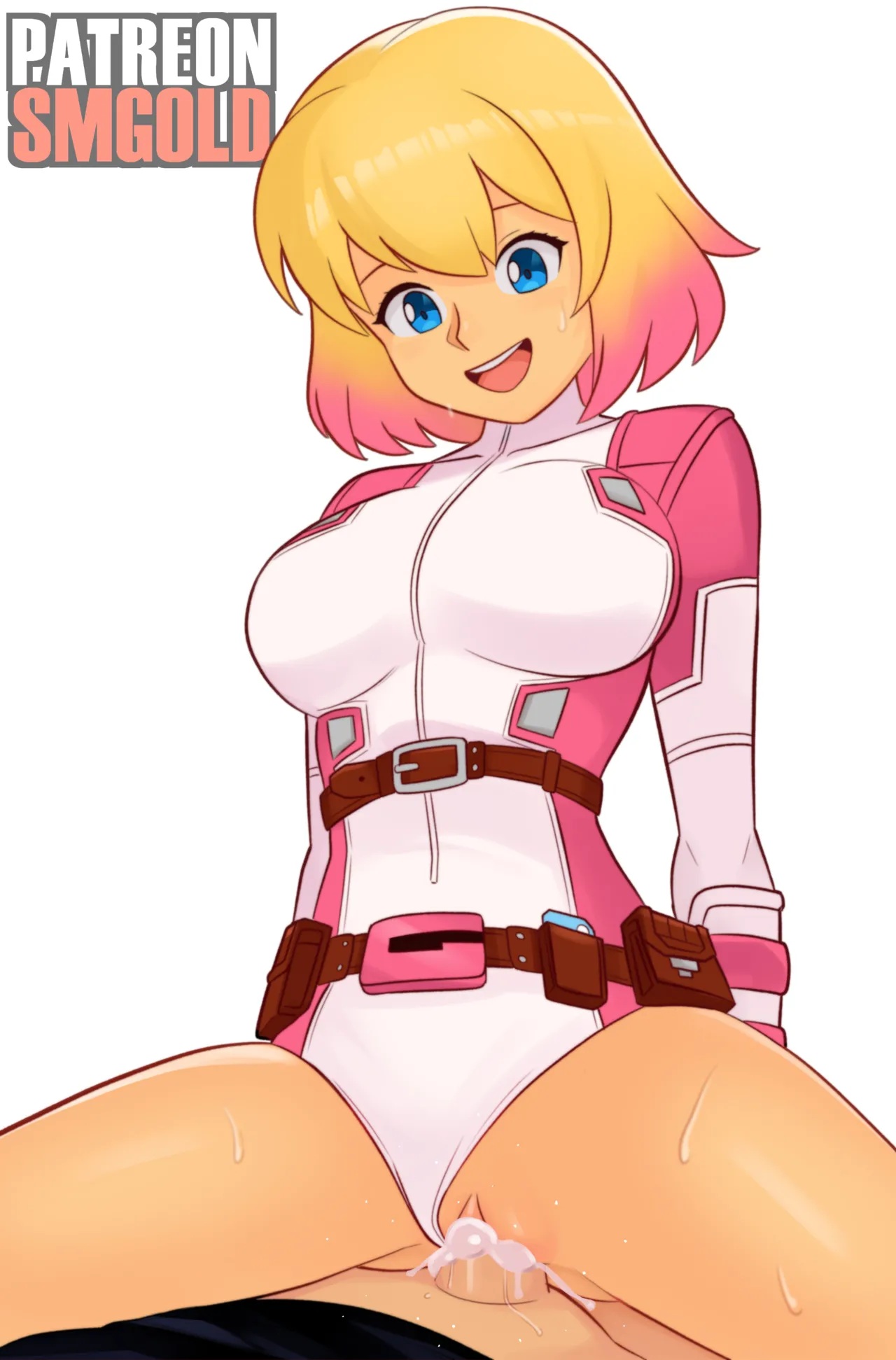 1boy, 1girls, alternate version available, ass visible through thighs, bare legs, bare thighs, belt, belt buckle, big breasts, blonde, blonde female, blonde hair, blue eyes, bodysuit, bodysuit aside, breasts, chin length hair, creampie, creampied, cum, cum in pussy, cum inside, cum overflow, cumming, cumming in pussy, cumming inside, cumming while penetrating, female, female focus, female on top, female penetrated, gwen poole, gwenpool, gwenpool (series), hot, hourglass figure, hourglass figured female, leotard aside, light skin, light skinned female, male, male penetrating, male penetrating female, male/female, marvel, marvel comics, panties aside, penetration, penis, penis in pussy, pink hair, pink hair tips, pink highlights, pussy, riding, riding penis, sex, short hair, short hair female, smgold, smile, smiling, spandex, superheroine, sweat, sweatdrop, sweating, sweaty, sweaty body, sweaty legs, sweaty thighs, thick thighs, thighs, vaginal, vaginal penetration, vaginal sex